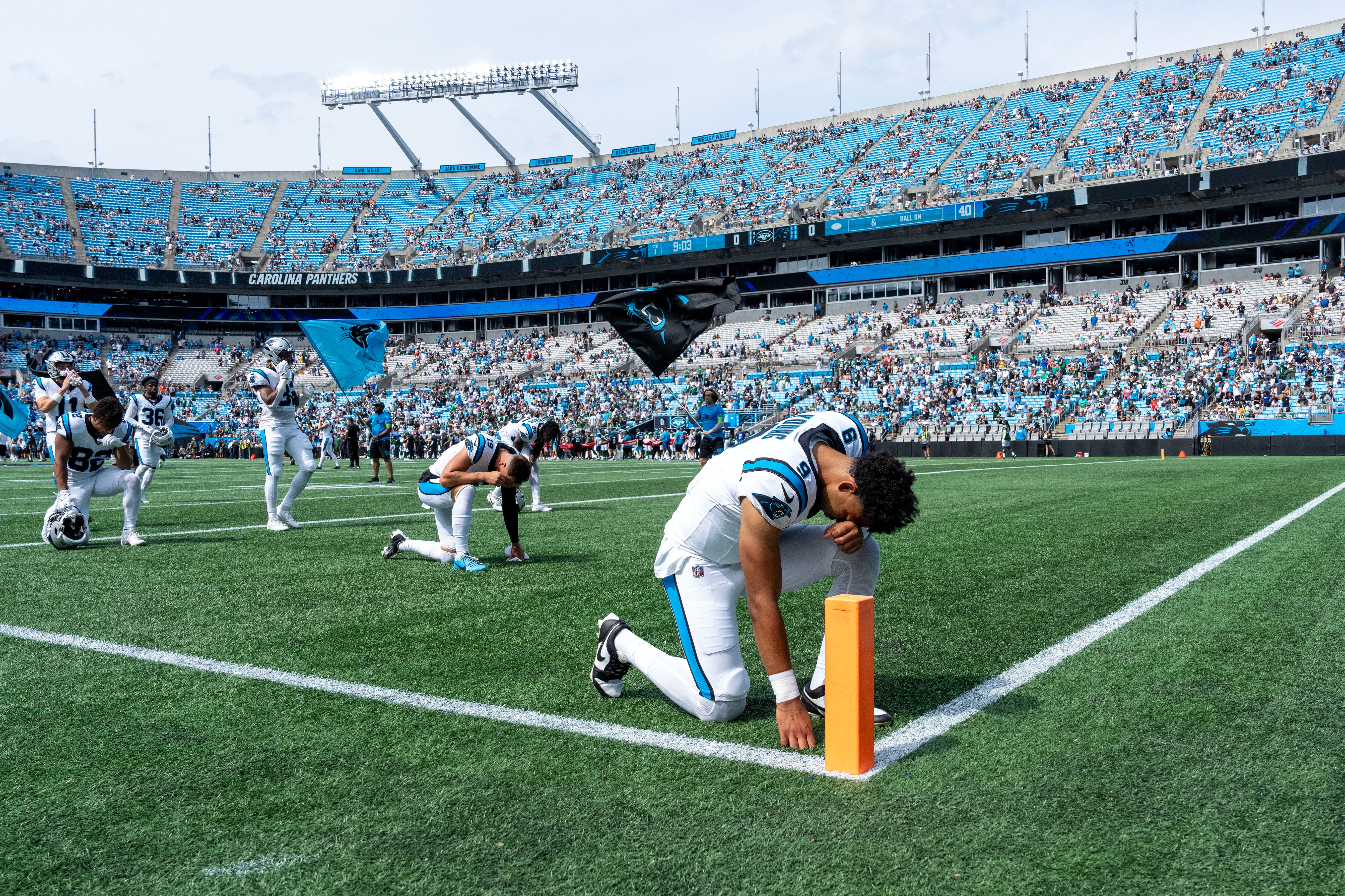 Aug 12, 2023; Charlotte, North Carolina, USA; Carolina Panthers quarterback Bryce Young (9) reflects in the end zone before the game at Bank of America Stadium. Mandatory Credit: Bob Donnan-USA TODAY Sports