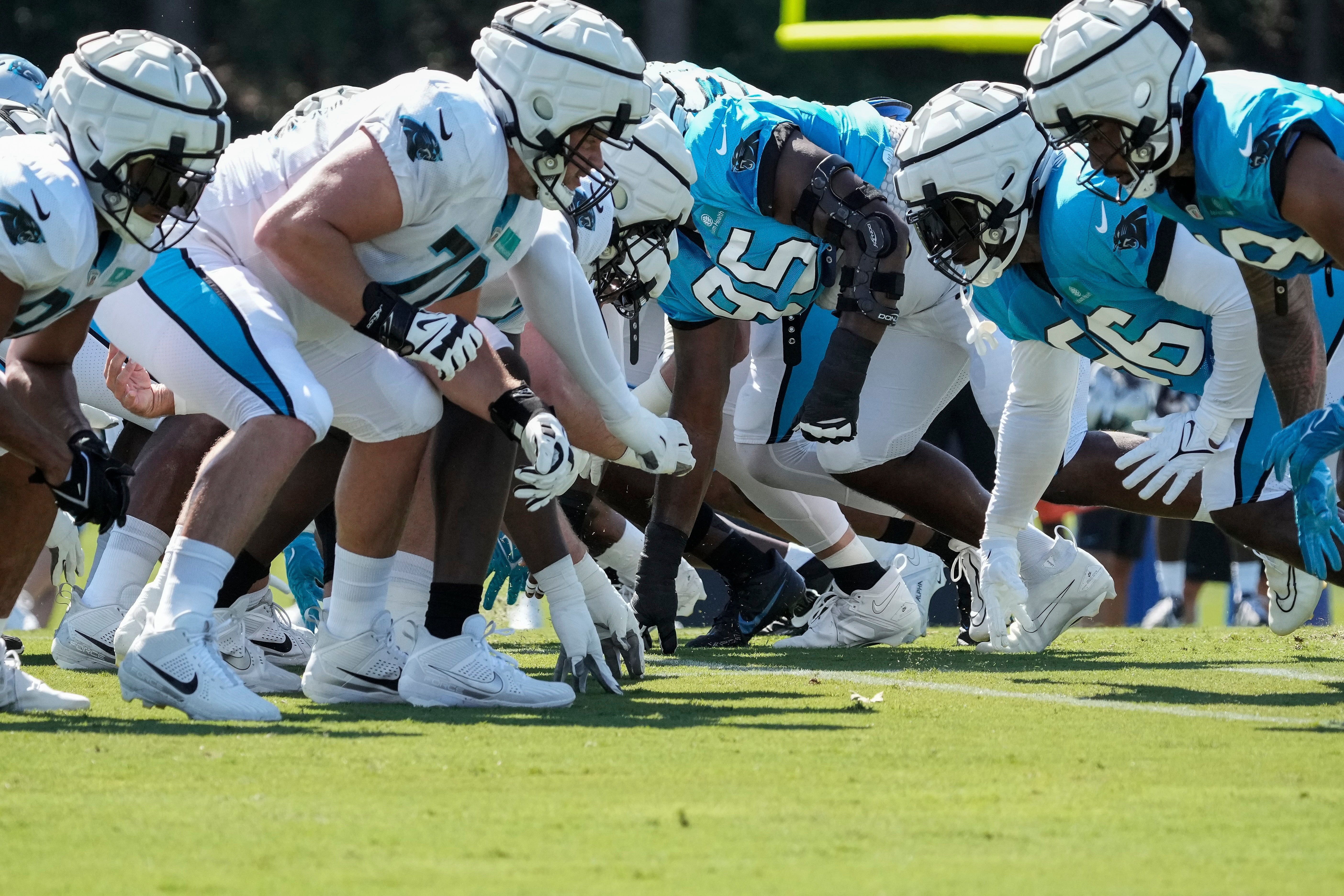 Jul 31, 2023; Spartanburg, SC, USA; Carolina Panthers offensive and defensive lines at work during practice during training camp at Wofford College. Mandatory Credit: Jim Dedmon-USA TODAY Sports.