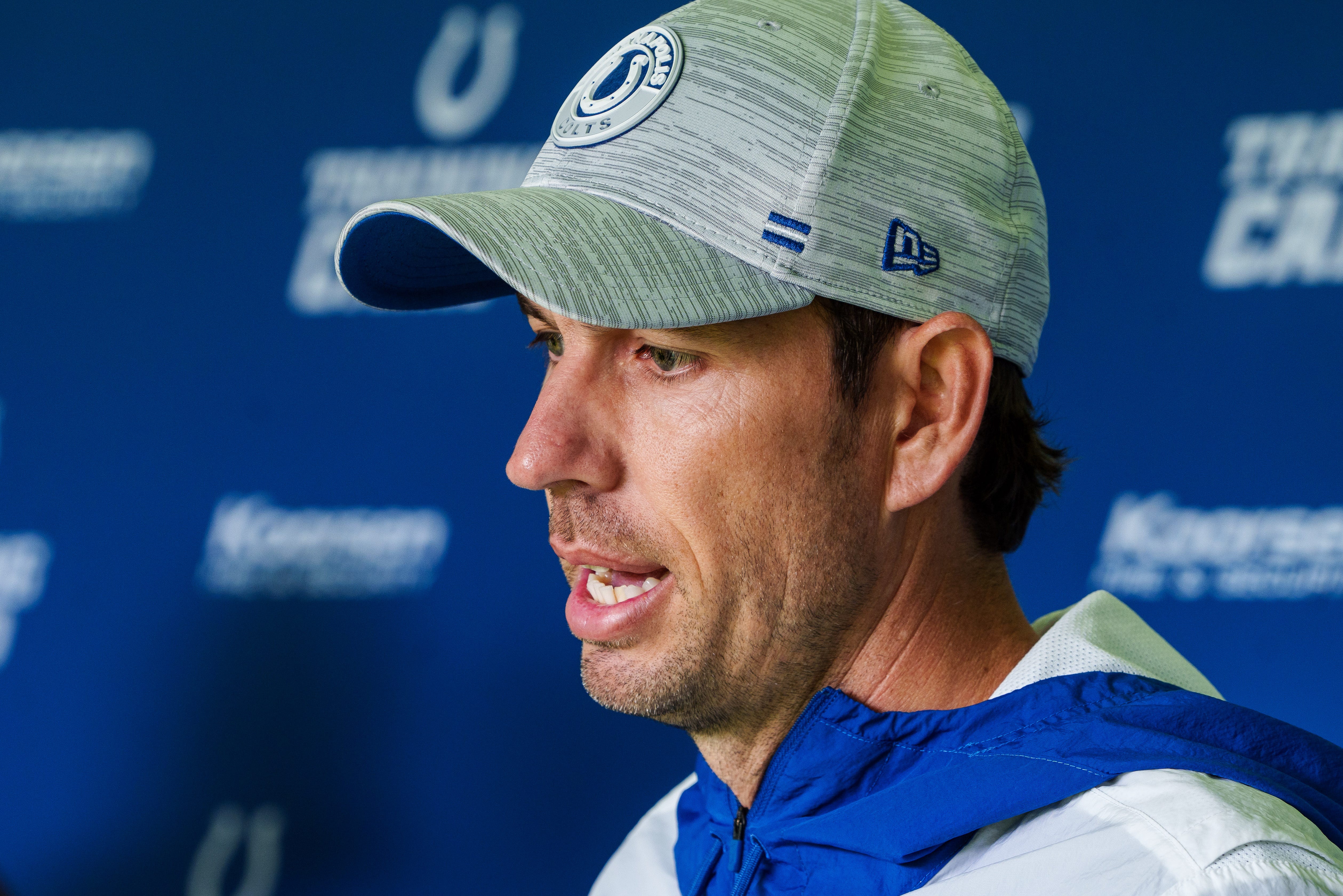 Indianapolis Colts head coach Shane Steichen talks with media Tuesday, Aug. 15, 2023, after training camp at Grand Park Sports Campus in Westfield, Indiana. Steichen took the opportunity to announce Anthony Richardson as the starting quarterback ahead of Gardner Minshew.