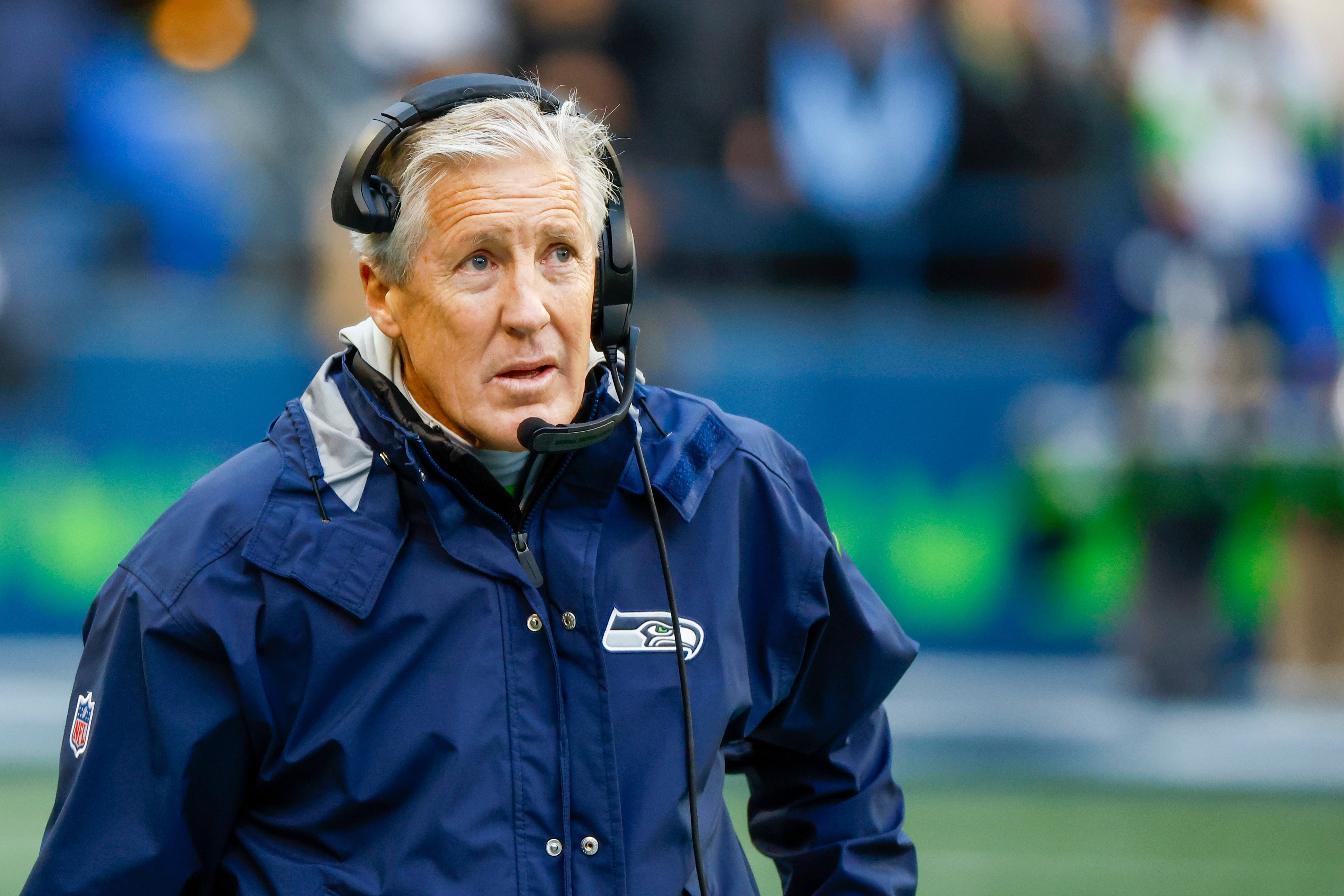 Dec 11, 2022; Seattle, Washington, USA; Seattle Seahawks head coach Pete Carroll stands on the sideline during the third quarter against the Carolina Panthers at Lumen Field. Mandatory Credit: Joe Nicholson-USA TODAY Sports