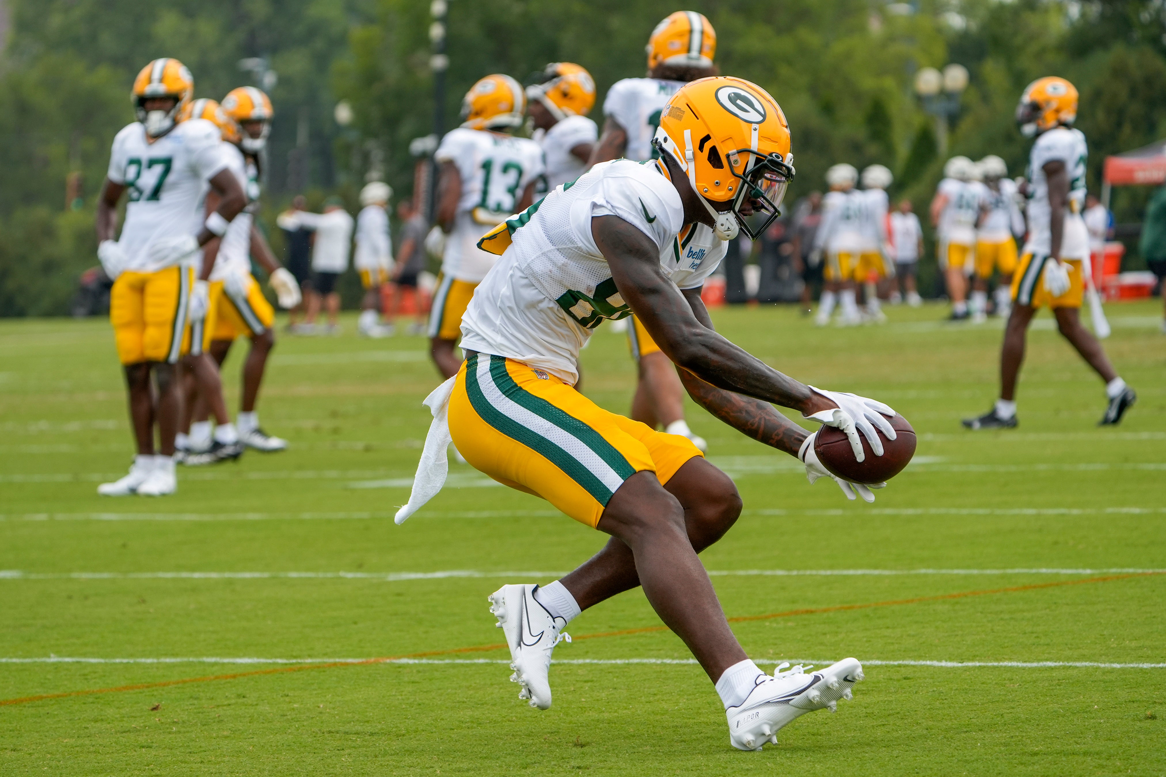 Aug 9, 2023; Cincinnati, OH, USA; Green Bay Packers wide receiver Grant DuBose (86) during a joint practice between the Green Bay Packers and the Cincinnati Bengals, Wednesday, Aug. 9, 2023, at the practice fields next to Paycor Stadium in Cincinnati. Carter Skaggs-USA TODAY Sports