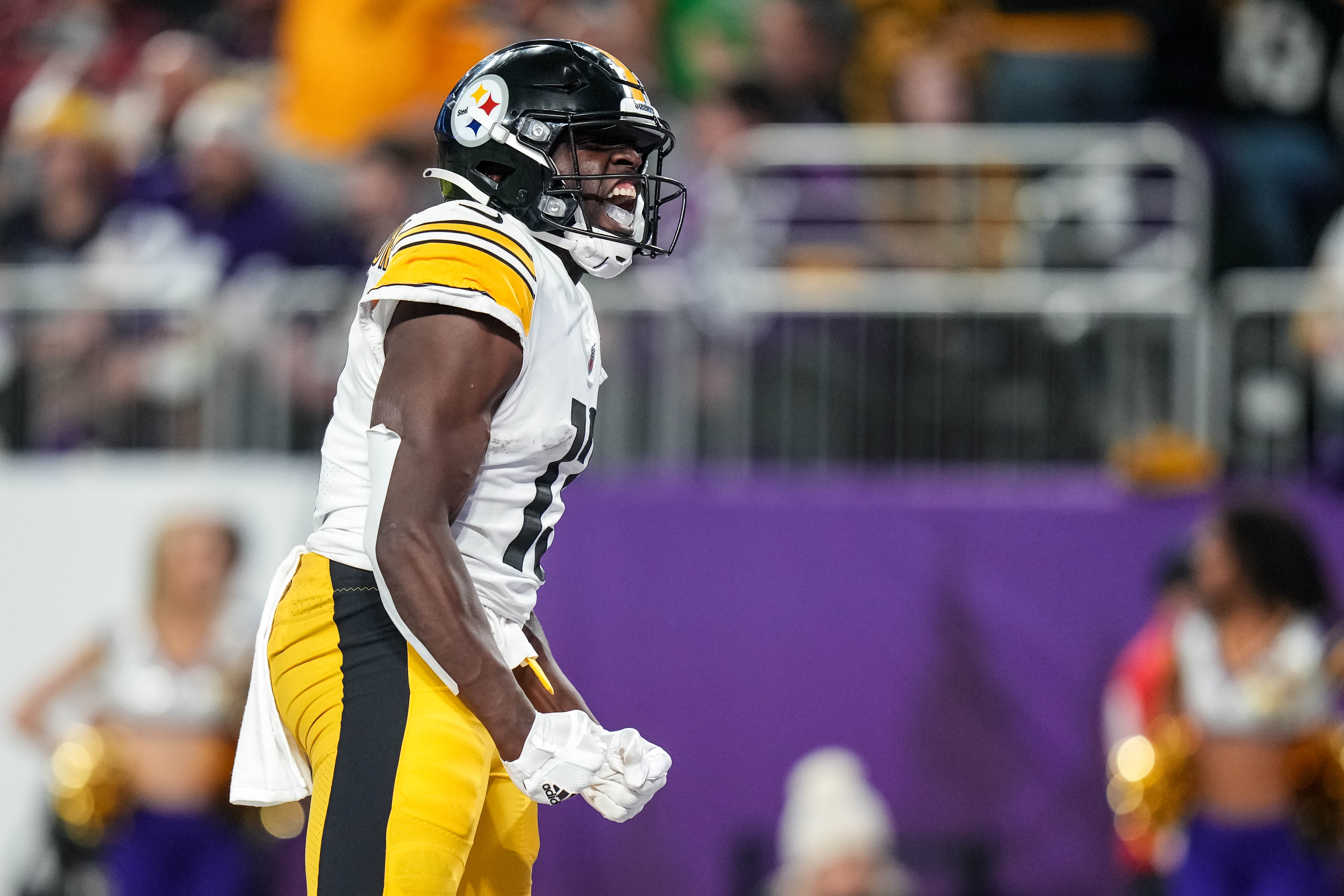 Dec 9, 2021; Minneapolis, Minnesota, USA; Pittsburgh Steelers wide receiver James Washington (13) celebrates his touchdown during the fourth quarter against the Minnesota Vikings at U.S. Bank Stadium. Mandatory Credit: Brace Hemmelgarn-USA TODAY Sports