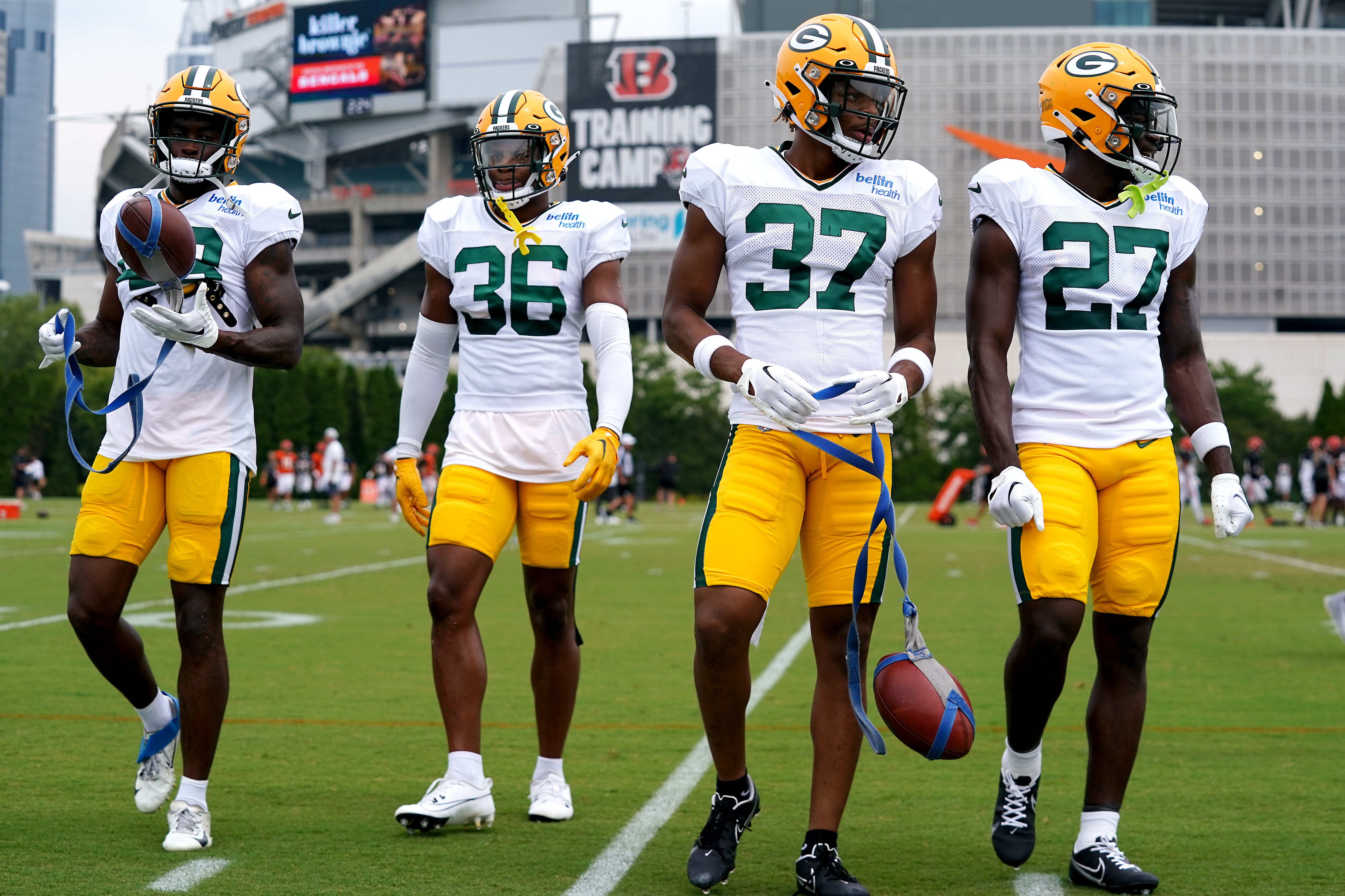 Aug 9, 2023; Cincinnati, OH, USA; Green Bay Packers wide receiver Malik Heath (18), Green Bay Packers safety Anthony Johnson Jr. (36), Green Bay Packers cornerback Carrington Valentine (37) and Green Bay Packers running back Patrick Taylor (27) participate in drills during a joint practice between the Green Bay Packers and the Cincinnati Bengals, Wednesday, Aug. 9, 2023, at the practice fields next to Paycor Stadium in Cincinnati. Mandatory Credit: Kareem Elgazzar-USA TODAY Sports