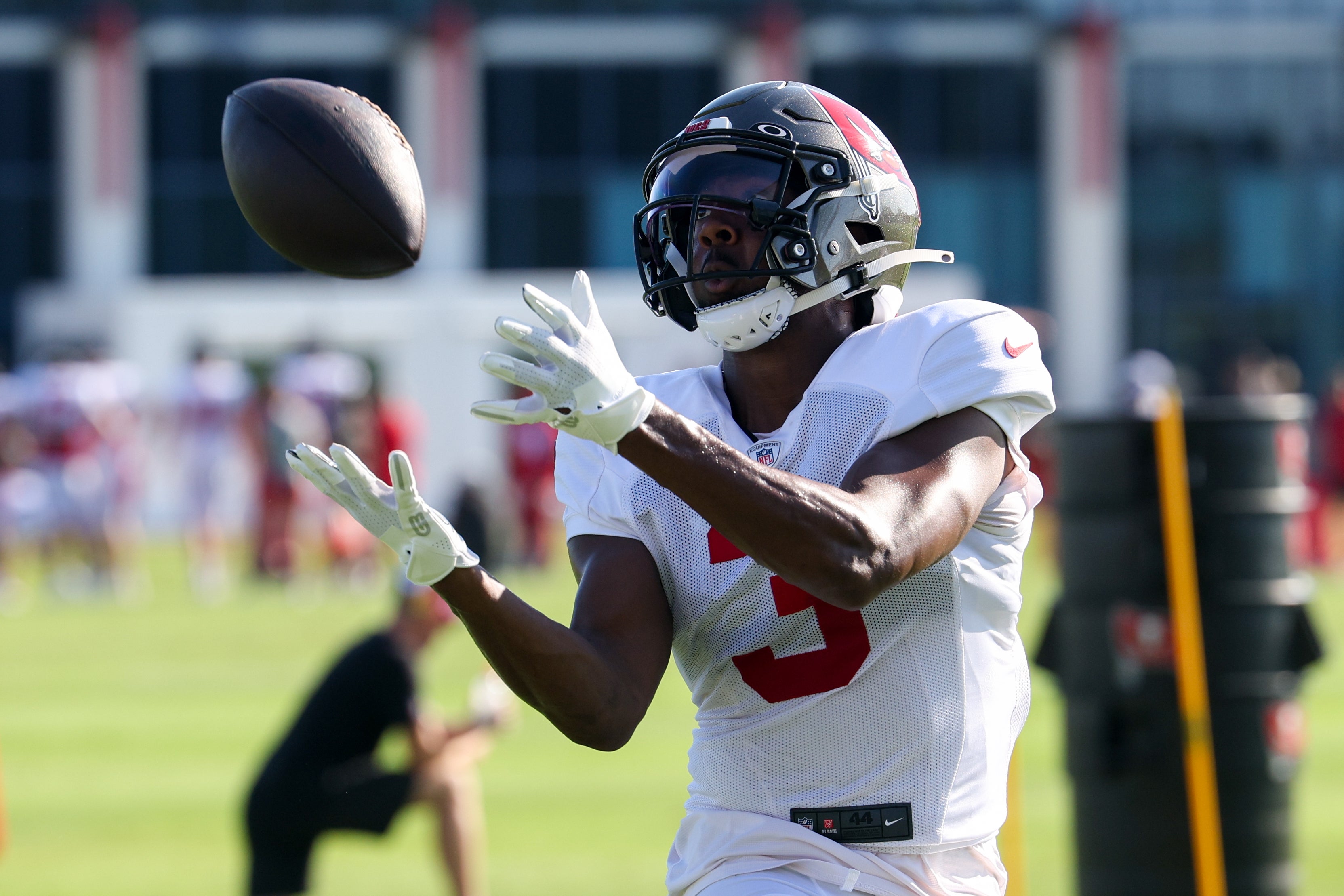Aug 3, 2023; Tampa Bay, FL, USA; Tampa Bay Buccaneers wide receiver Russell Gage (3) participates in training camp at AdventHealth Training Center. Mandatory Credit: Nathan Ray Seebeck-USA TODAY Sports