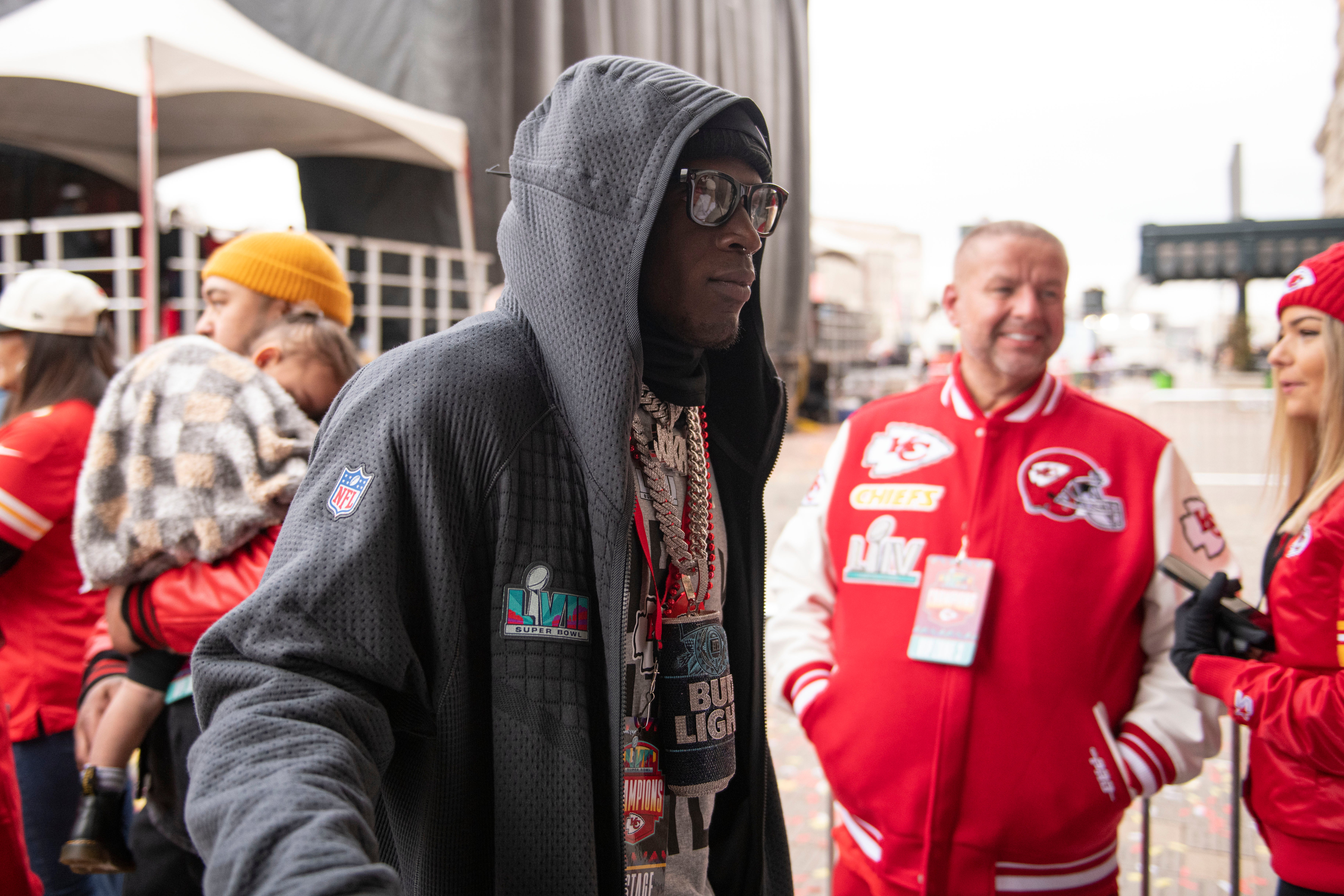 Feb 15, 2023; Kansas City, MO, USA; Kansas City Chiefs wide receiver Kadarius Toney at the Super Bowl LVII Champions Parade in downtown Kansas City, Mo. Mandatory Credit: Amy Kontras-USA TODAY Sports