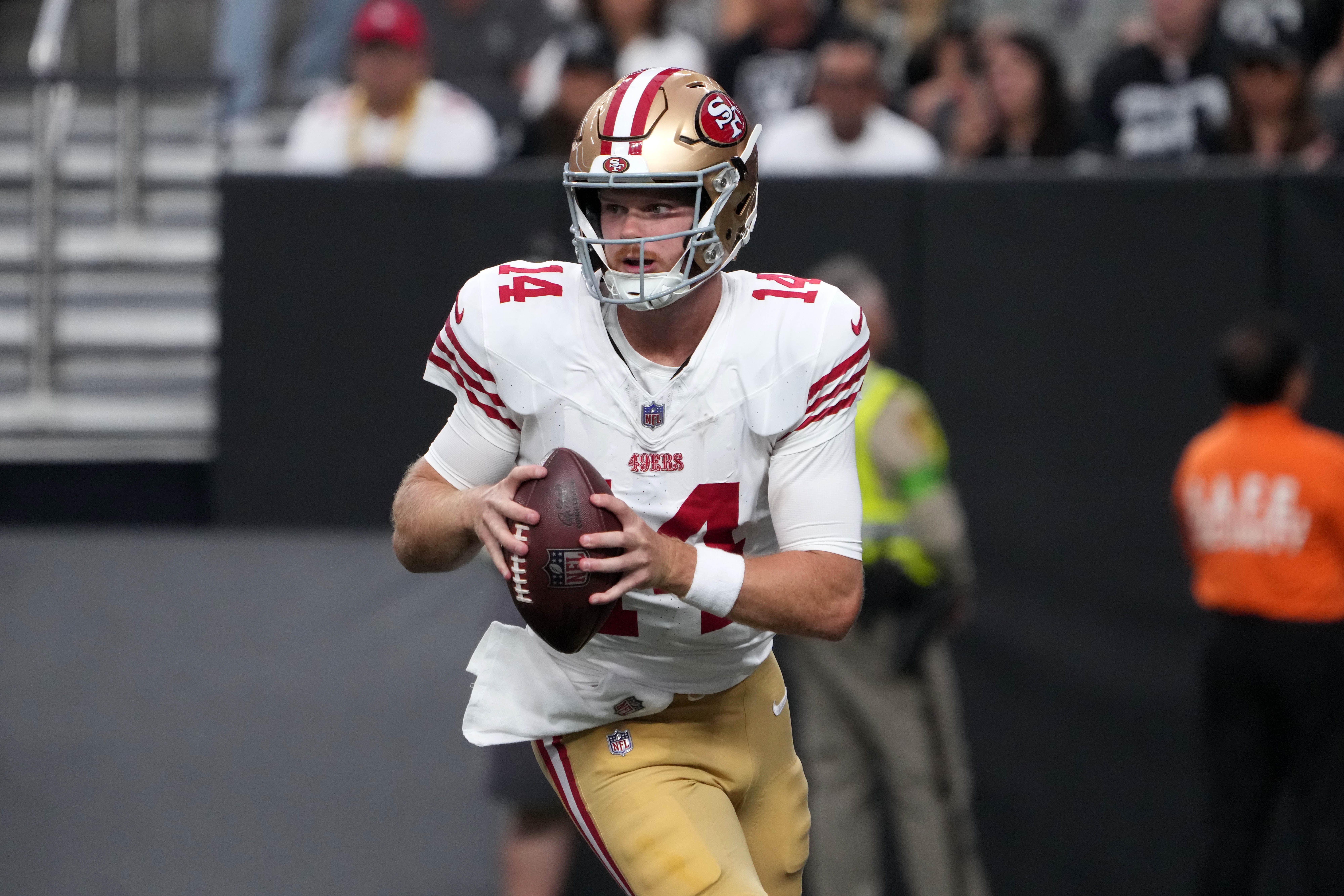 Aug 13, 2023; Paradise, Nevada, USA; San Francisco 49ers quarterback Sam Darnold (14) throws the ball in the second half at Allegiant Stadium. Mandatory Credit: Kirby Lee-USA TODAY Sports