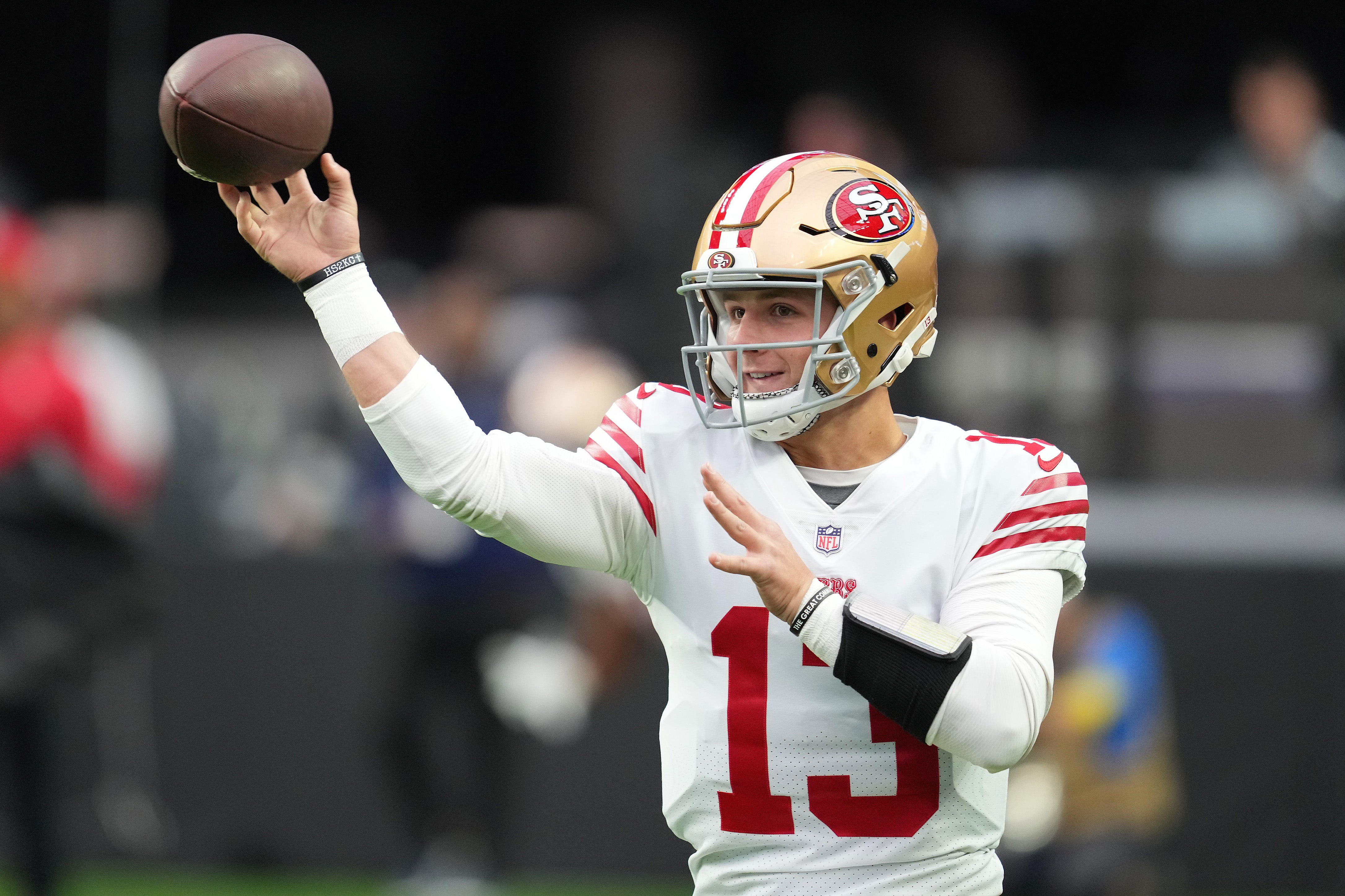 Jan 1, 2023; Paradise, Nevada, USA; San Francisco 49ers quarterback Brock Purdy (13) warms up before a game against the Las Vegas Raiders at Allegiant Stadium. Mandatory Credit: Stephen R. Sylvanie-USA TODAY Sports