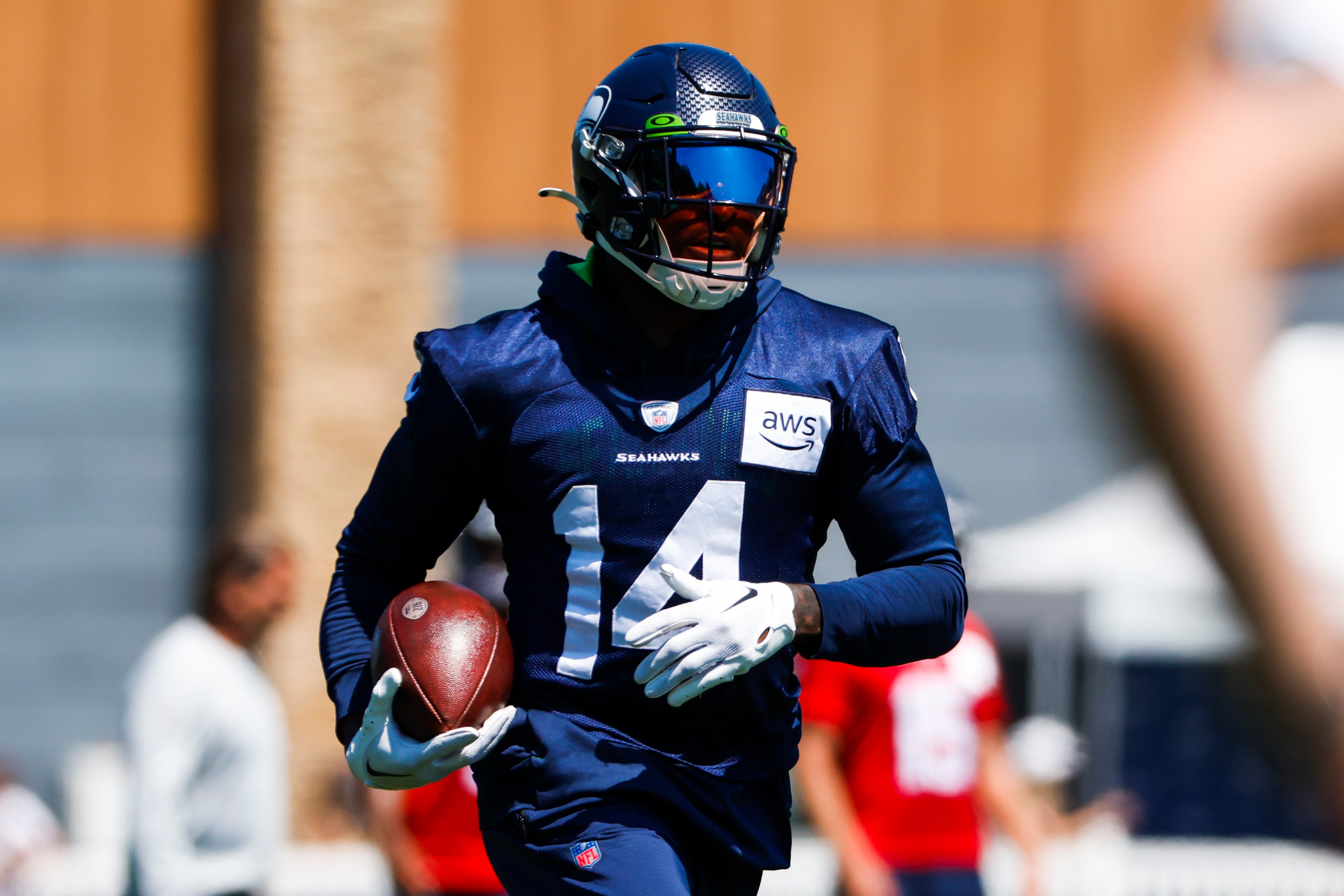 Jul 28, 2023; Renton, WA, USA; Seattle Seahawks wide receiver DK Metcalf (14) participates in training camp practice at the Virginia Mason Athletic Center. Mandatory Credit: Joe Nicholson-USA TODAY Sports