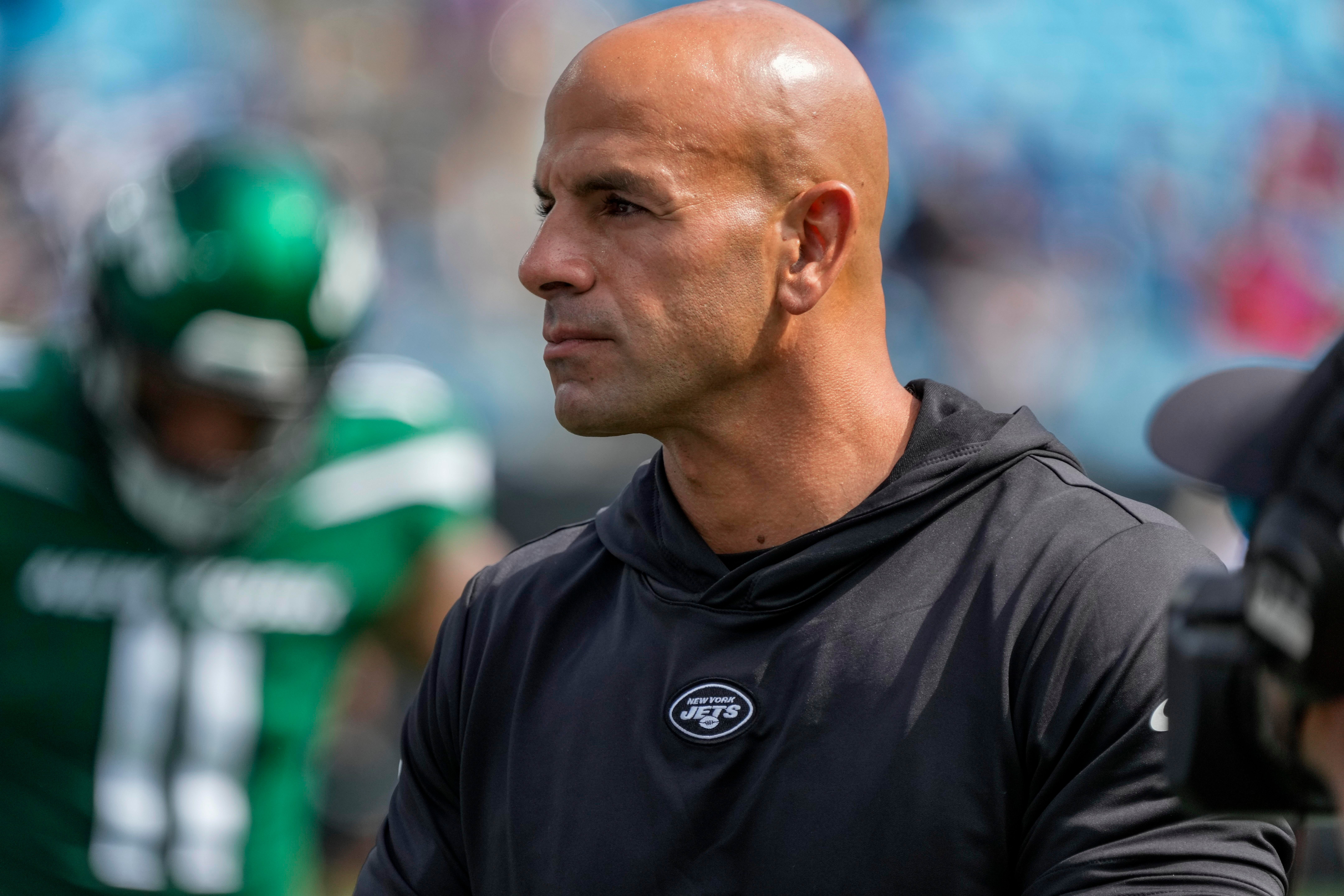 New York Jets head coach Robert Saleh during the first quarter against the Carolina Panthers at Bank of America Stadium. Mandatory Credit: Jim Dedmon-USA TODAY Sports