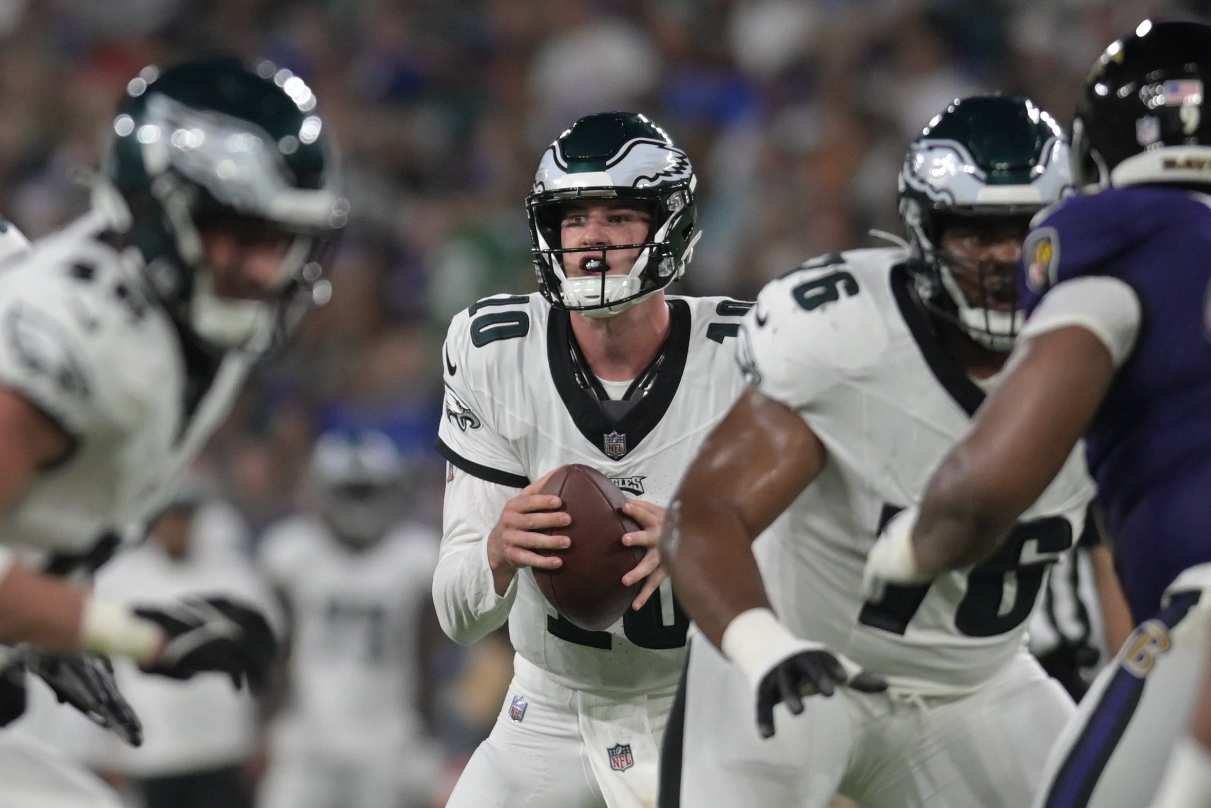 Philadelphia Eagles quarterback Tanner McKee (10) looks to pass during the second half against the Baltimore Ravens at M&T Bank Stadium. Mandatory Credit: Tommy Gilligan-USA TODAY Sports