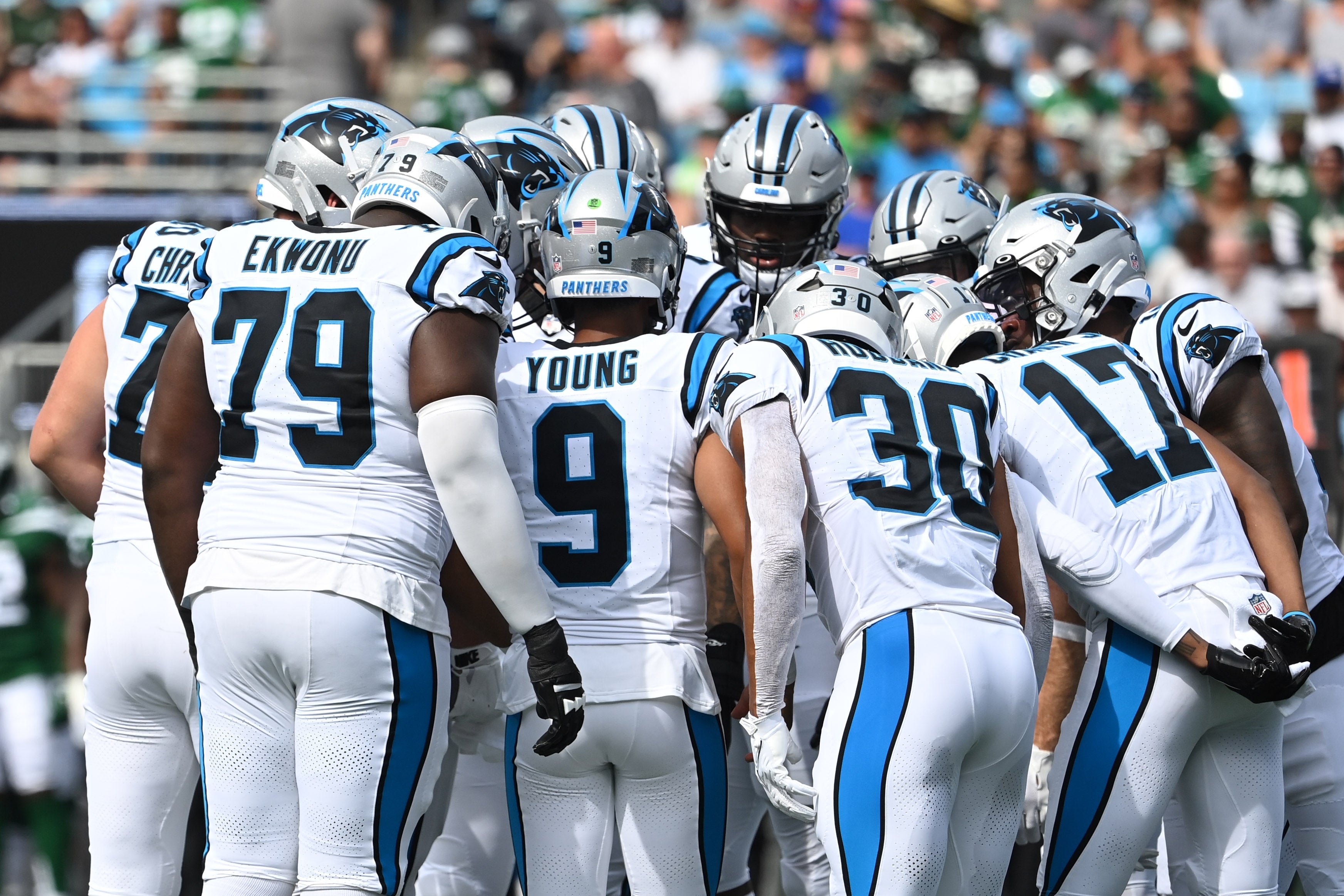 Aug 12, 2023; Charlotte, North Carolina, USA; Carolina Panthers quarterback Bryce Young (9) takes the huddle for the first time in the first quarter at Bank of America Stadium. Mandatory Credit: Bob Donnan-USA TODAY Sports