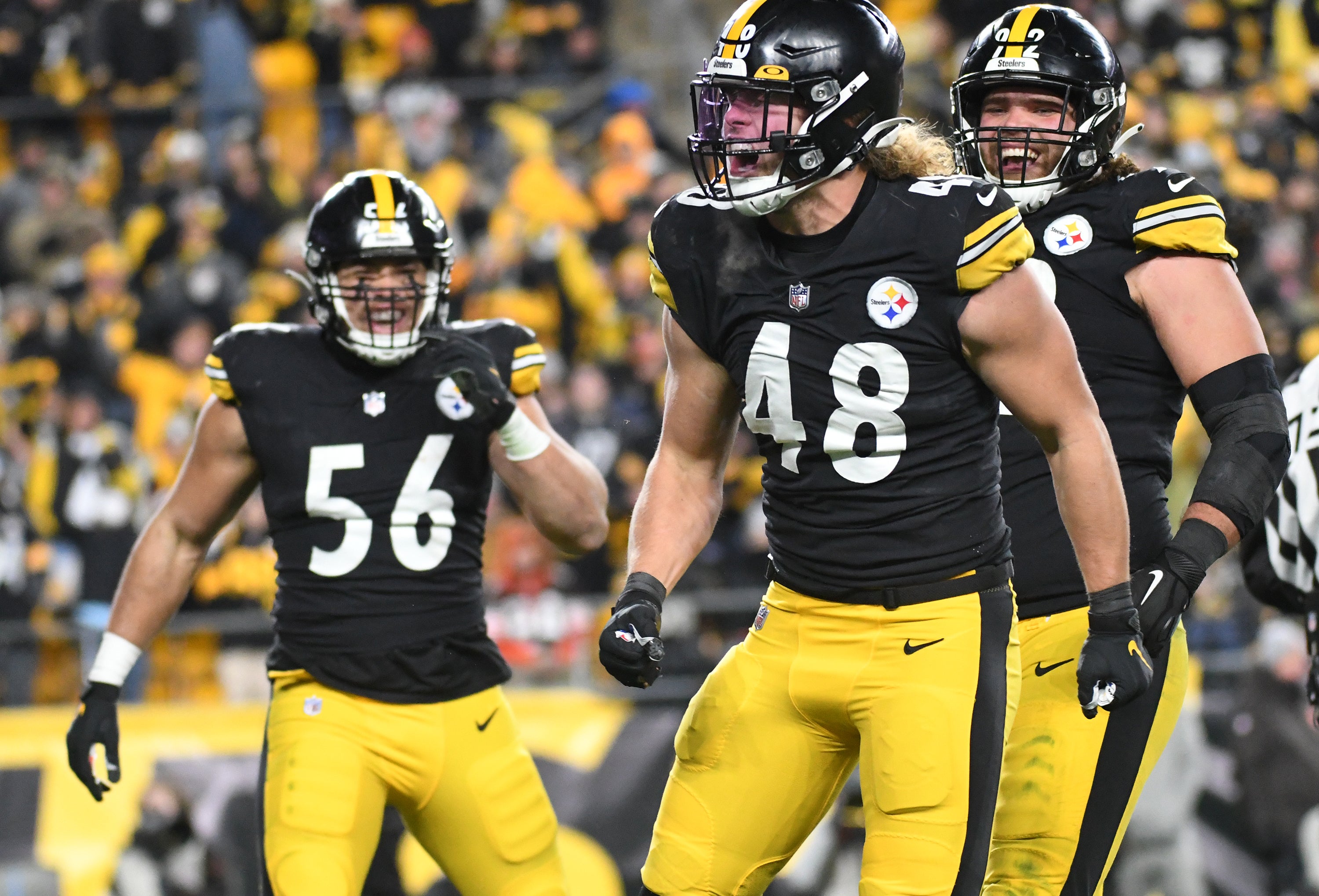 Jan 3, 2022; Pittsburgh, Pennsylvania, USA; Pittsburgh Steelers linebacker Derrek Tuszka (48) celebrates a sack with linebacker Alex Highsmith (56) and defensive end Isaiahh Loudermilk (92) against the Cleveland Browns during the fourth quarter at Heinz Field. Mandatory Credit: Philip G. Pavely-USA TODAY Sports