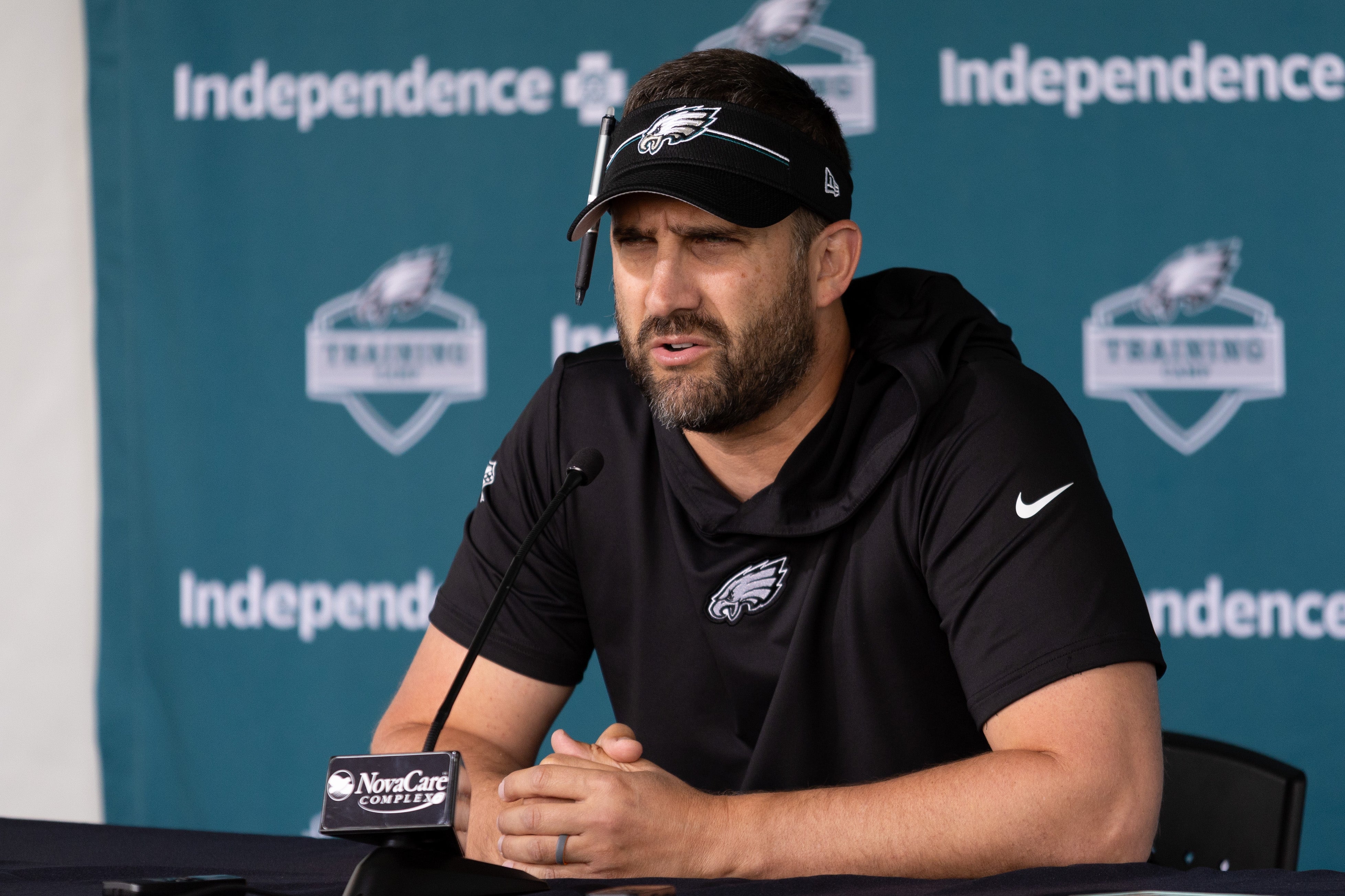 Philadelphia Eagles head coach Nick Sirianni speaks with the media before practice at Novacare Complex. Mandatory Credit: Bill Streicher-USA TODAY Sports