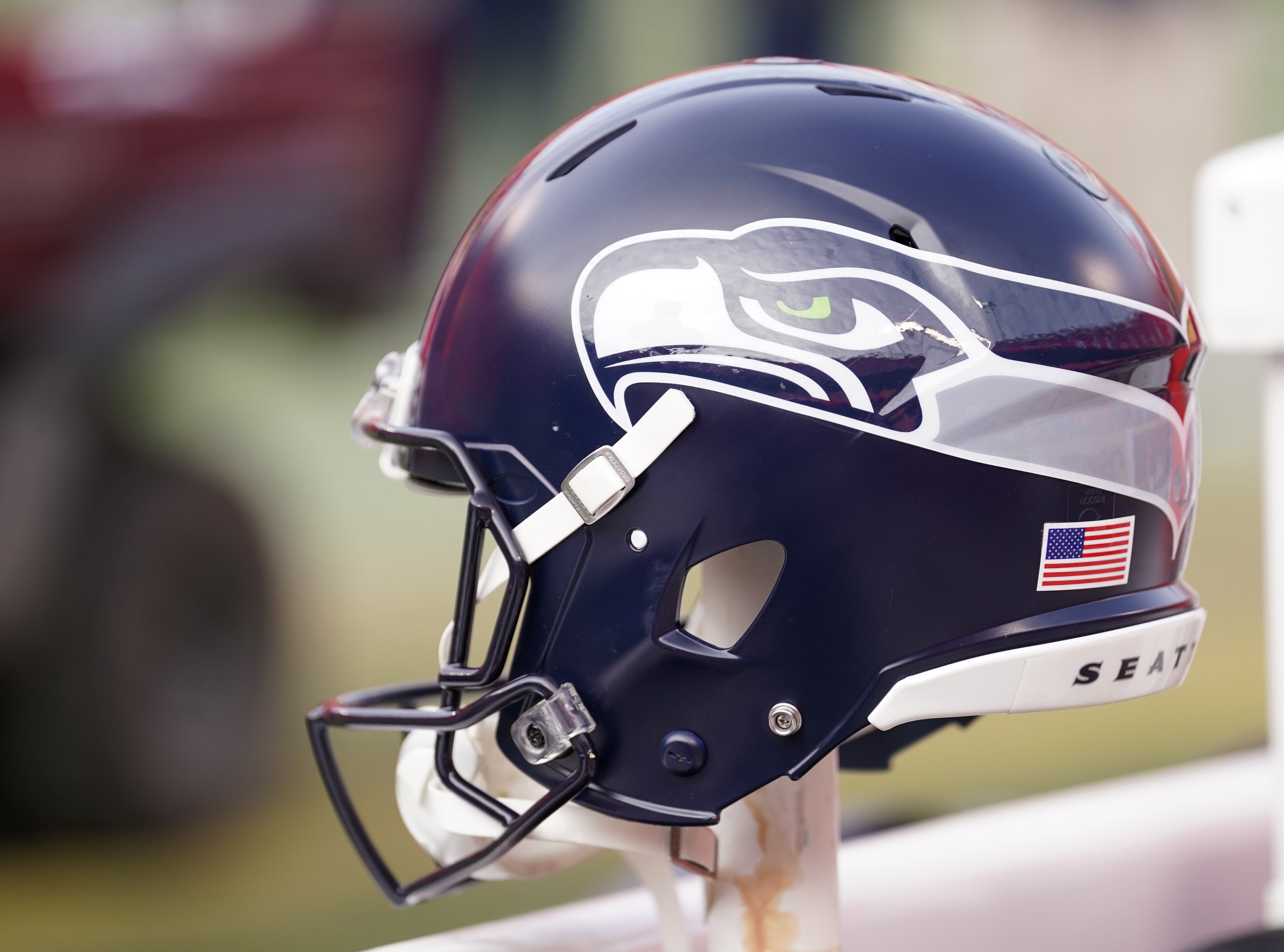 Dec 24, 2022; Kansas City, Missouri, USA; A general veiw of a Seattle Seahawks helmet prior to a game against the Kansas City Chiefs at GEHA Field at Arrowhead Stadium. Mandatory Credit: Denny Medley-USA TODAY Sports