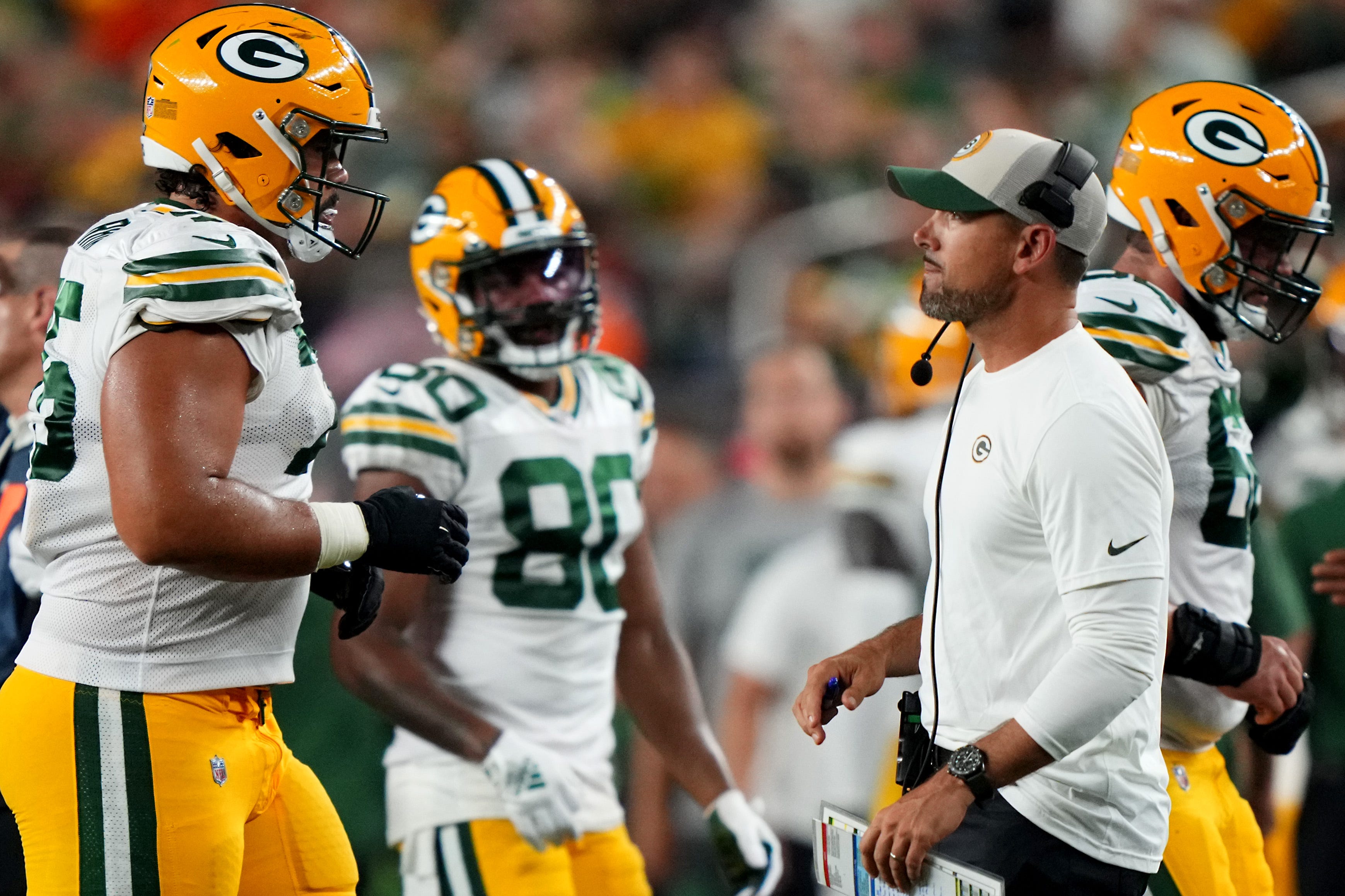Green Bay Packers head coach Matt LaFleur walks onto the field between possession during a Week 1 NFL preseason game between the Green Bay Packers and the Cincinnati Bengals,Friday, Aug. 11, 2023, at Paycor Stadium in Cincinnati. Kareem Elgazzar/The Enquirer / USA TODAY NETWORK
