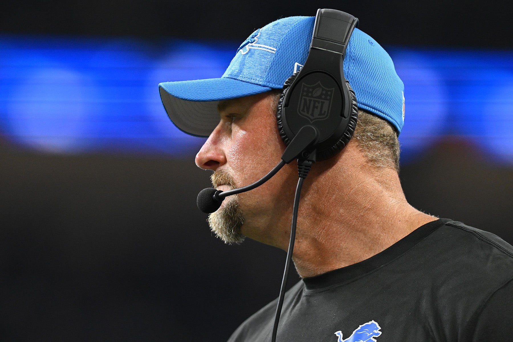 Aug 11, 2023; Detroit, Michigan, USA; Detroit Lions head coach Dan Campbell on the sidelines during their game against the New York Giants in the first quarter at Ford Field. Mandatory Credit: Lon Horwedel-USA TODAY Sports
