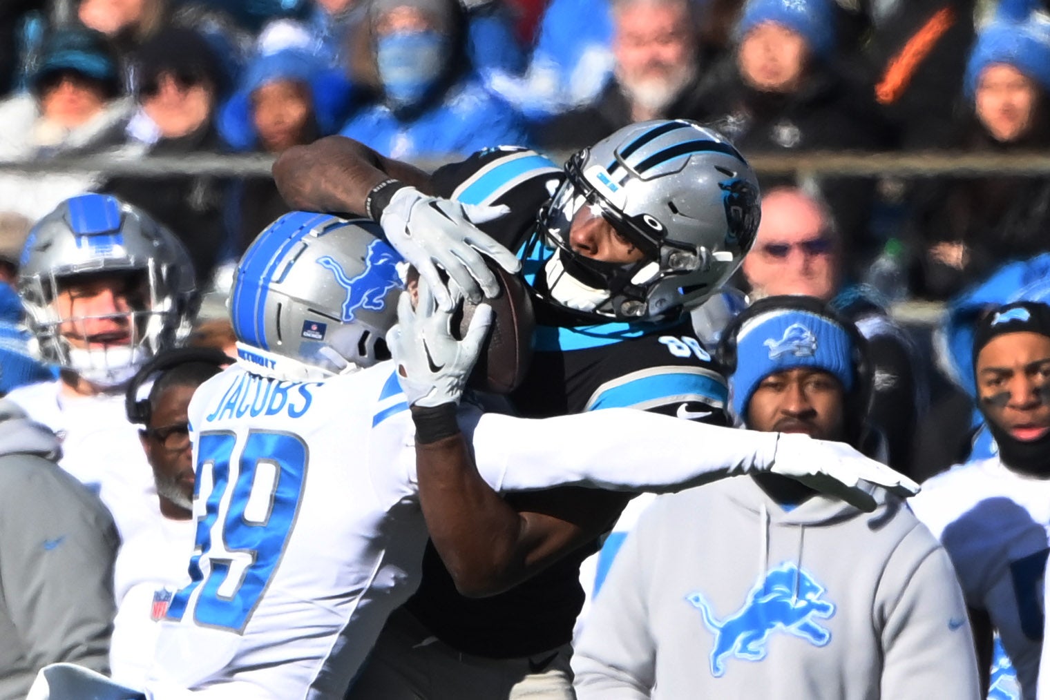 Dec 24, 2022; Charlotte, North Carolina, USA; Carolina Panthers wide receiver Terrace Marshall Jr. (88) catches the ball as Detroit Lions cornerback Jerry Jacobs (39) defends in the second quarter at Bank of America Stadium. Mandatory Credit: Bob Donnan-USA TODAY Sports