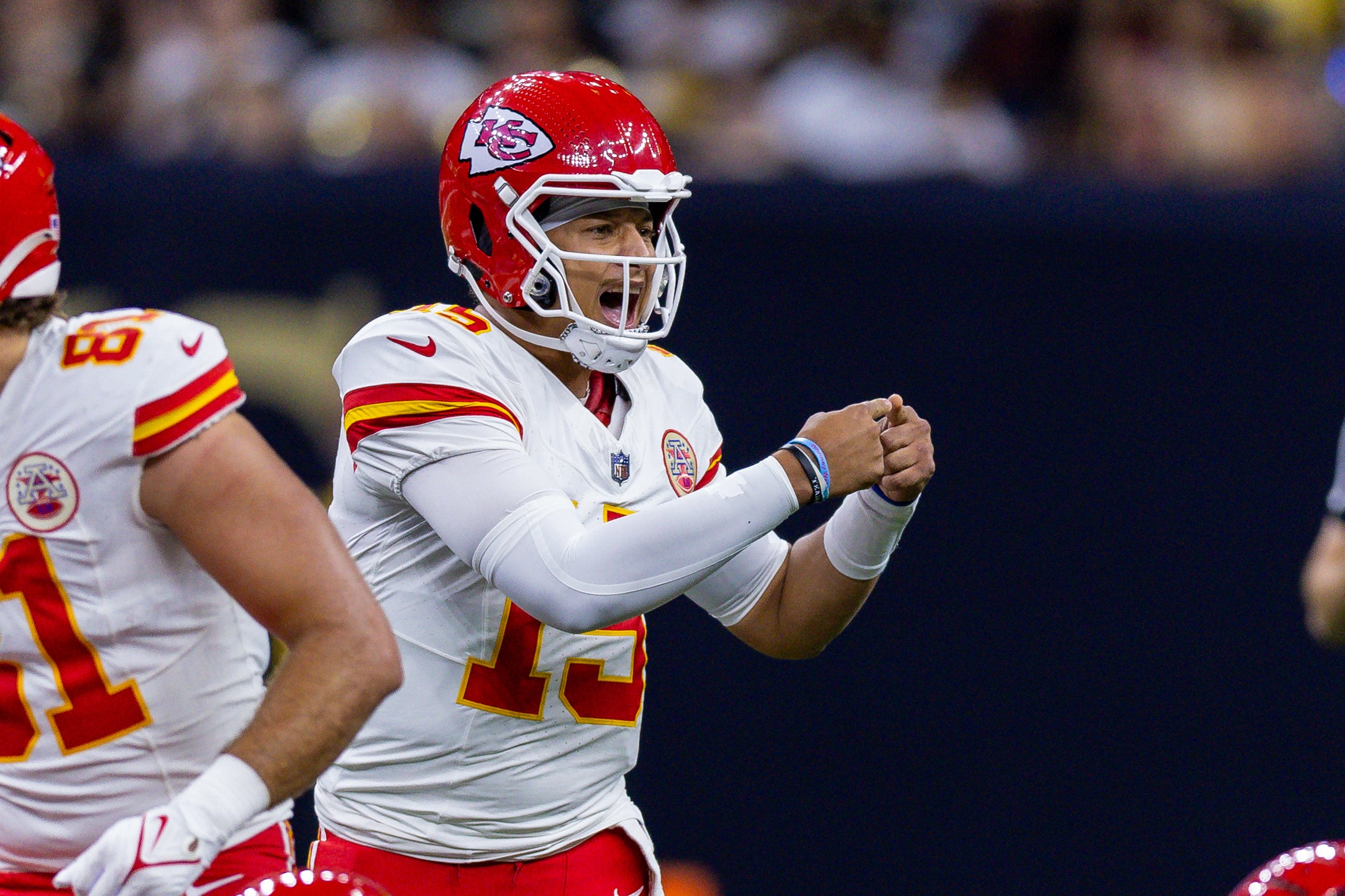 Aug 13, 2023; New Orleans, Louisiana, USA; Kansas City Chiefs quarterback Patrick Mahomes (15) calls a play at the line against the New Orleans Saints during the first half at the Caesars Superdome. Mandatory Credit: Stephen Lew-USA TODAY Sports