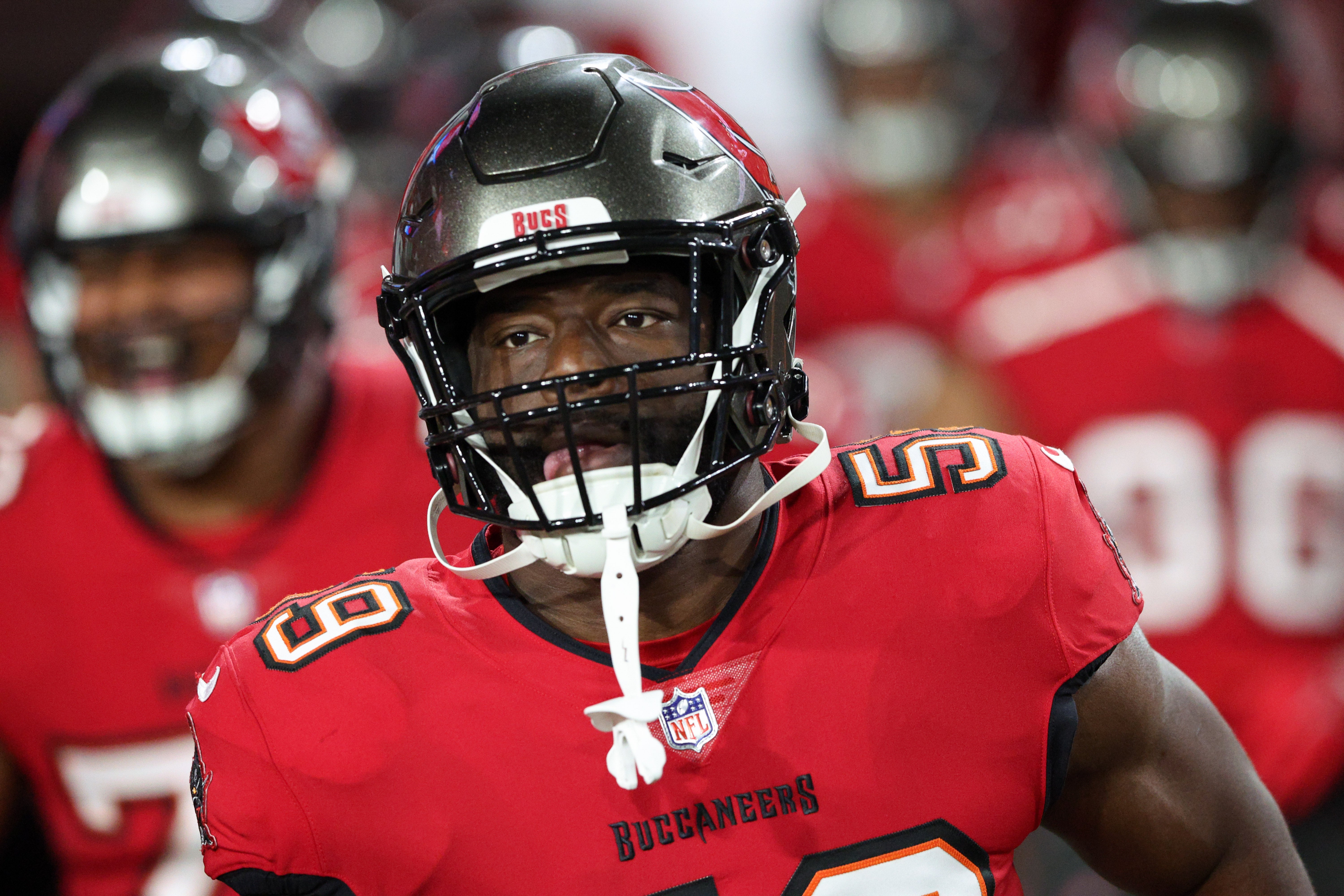 Dec 5, 2022; Tampa, Florida, USA; Tampa Bay Buccaneers linebacker Genard Avery (59) takes the field before a game against the New Orleans Saints at Raymond James Stadium.
