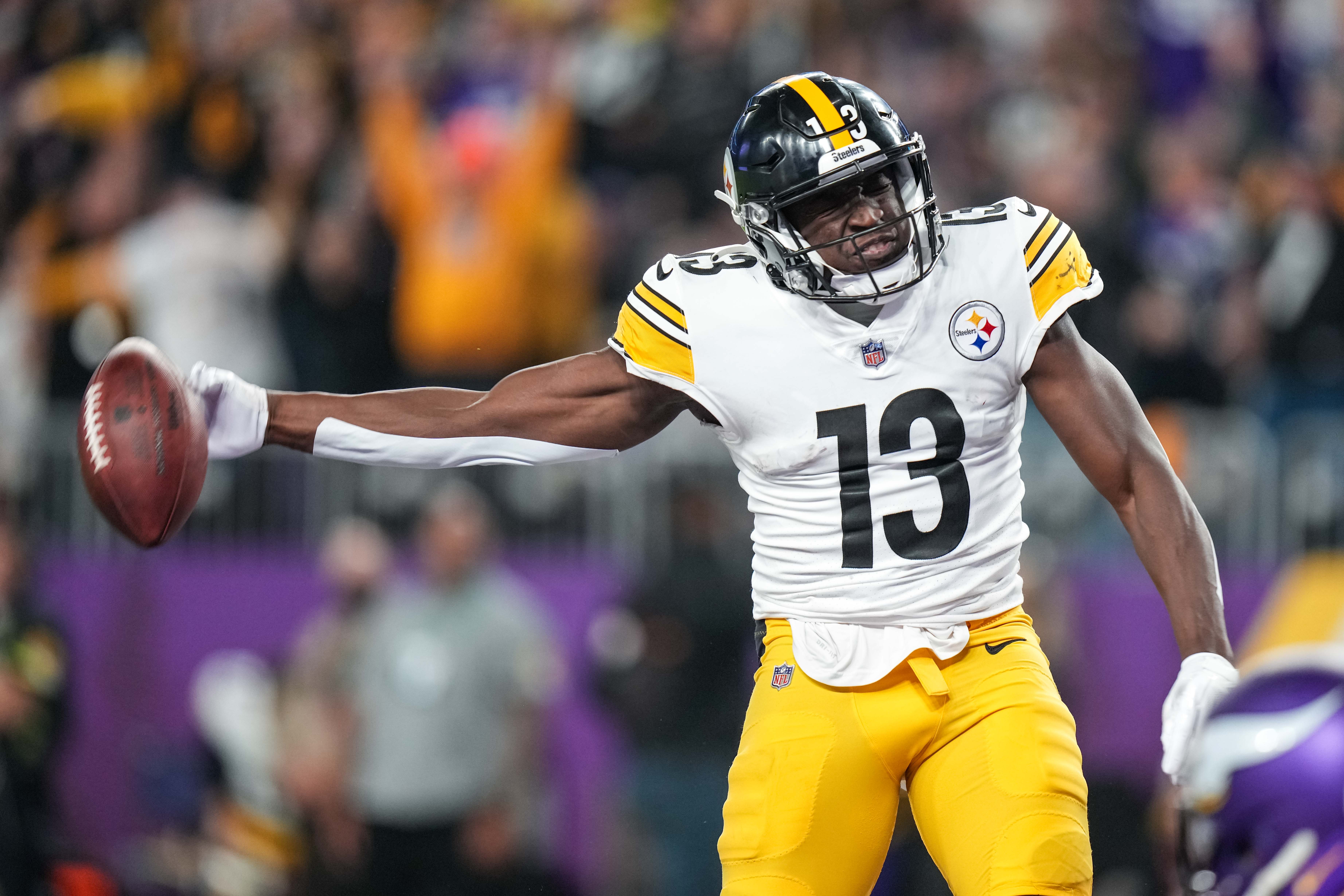 Dec 9, 2021; Minneapolis, Minnesota, USA; Pittsburgh Steelers wide receiver James Washington (13) celebrates his touchdown during the fourth quarter against the Minnesota Vikings at U.S. Bank Stadium.