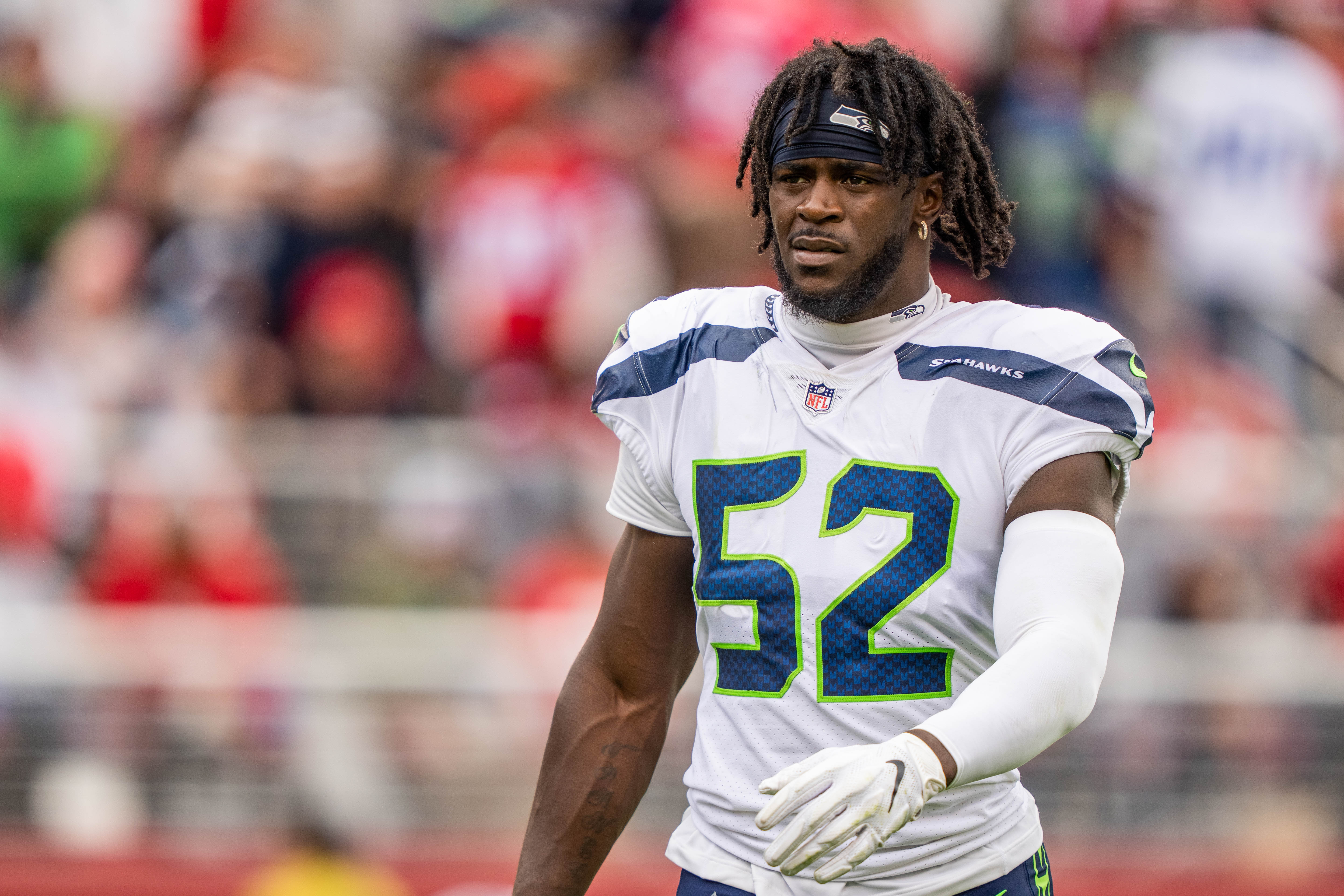 September 18, 2022; Santa Clara, California, USA; Seattle Seahawks defensive end Darrell Taylor (52) during halftime against the San Francisco 49ers at Levi's Stadium. Mandatory Credit: Kyle Terada-USA TODAY Sports
