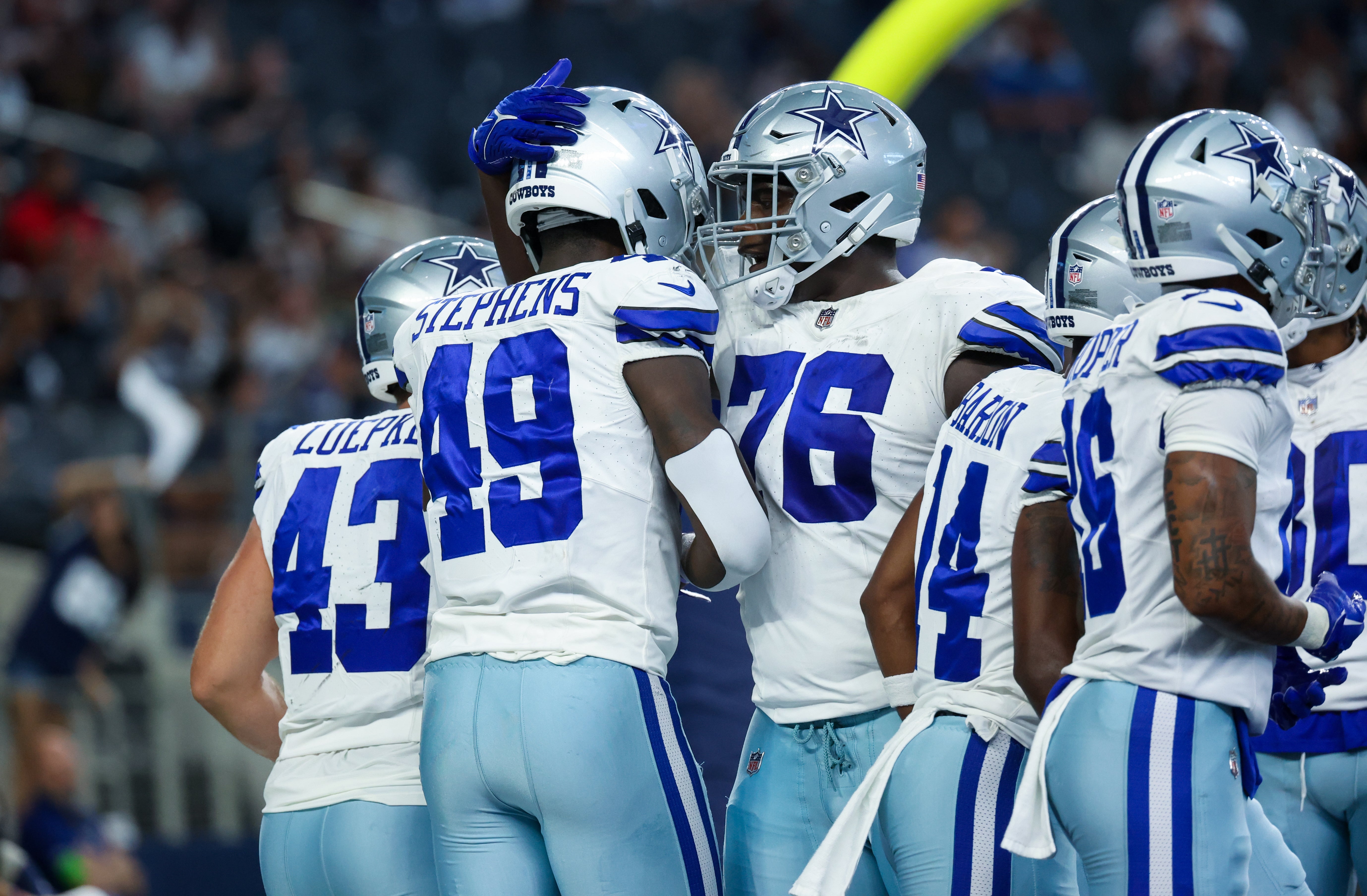 Dallas Cowboys wide receiver John Stephens Jr. (49) celebrates with teammates after scoring a touchdown during the second half against the Jacksonville Jaguars at AT&T Stadium. Mandatory Credit: Kevin Jairaj-USA TODAY Sports