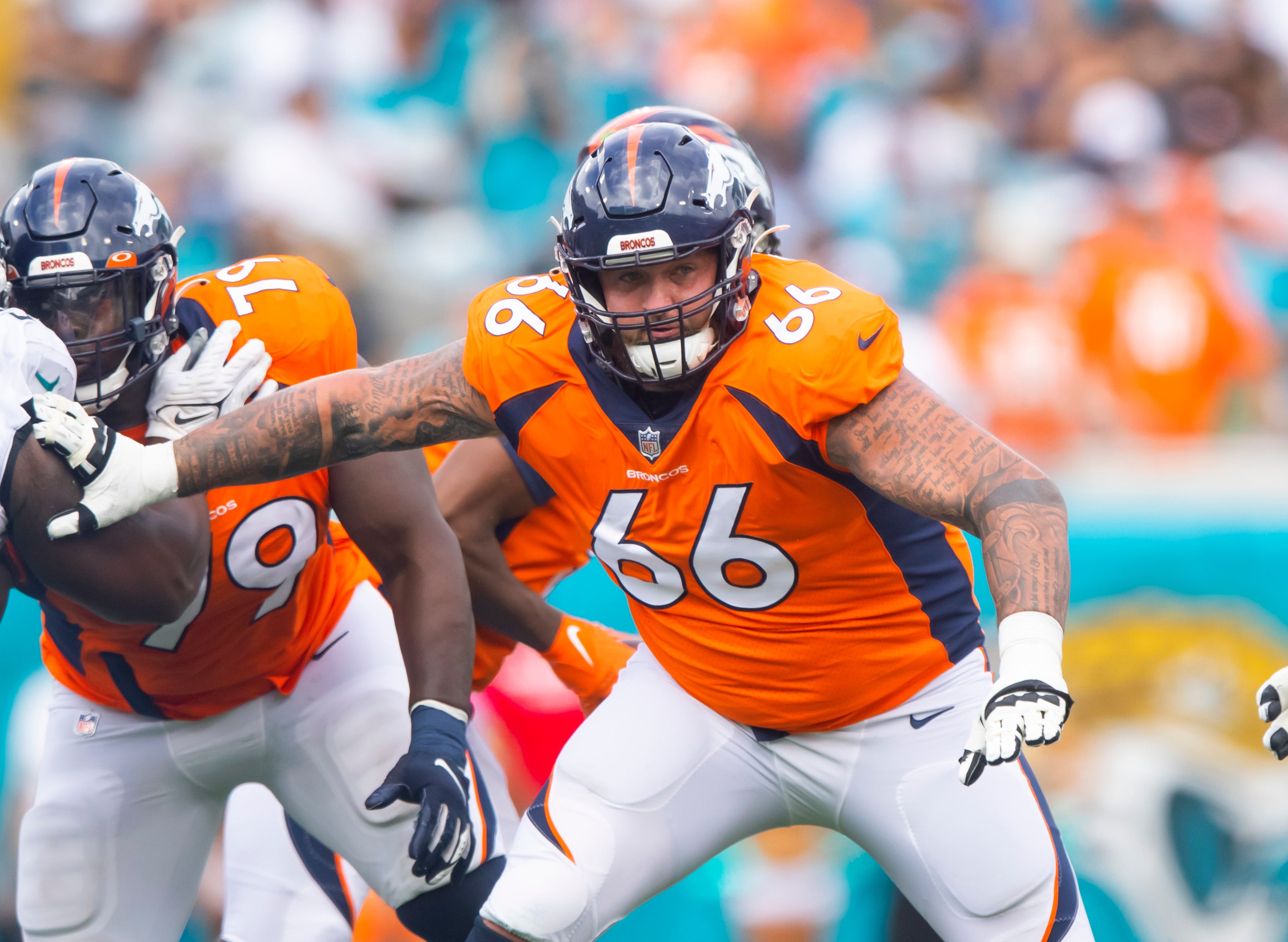 Sep 19, 2021; Jacksonville, Florida, USA; Denver Broncos guard Dalton Risner (66) against the Jacksonville Jaguars at TIAA Bank Field.