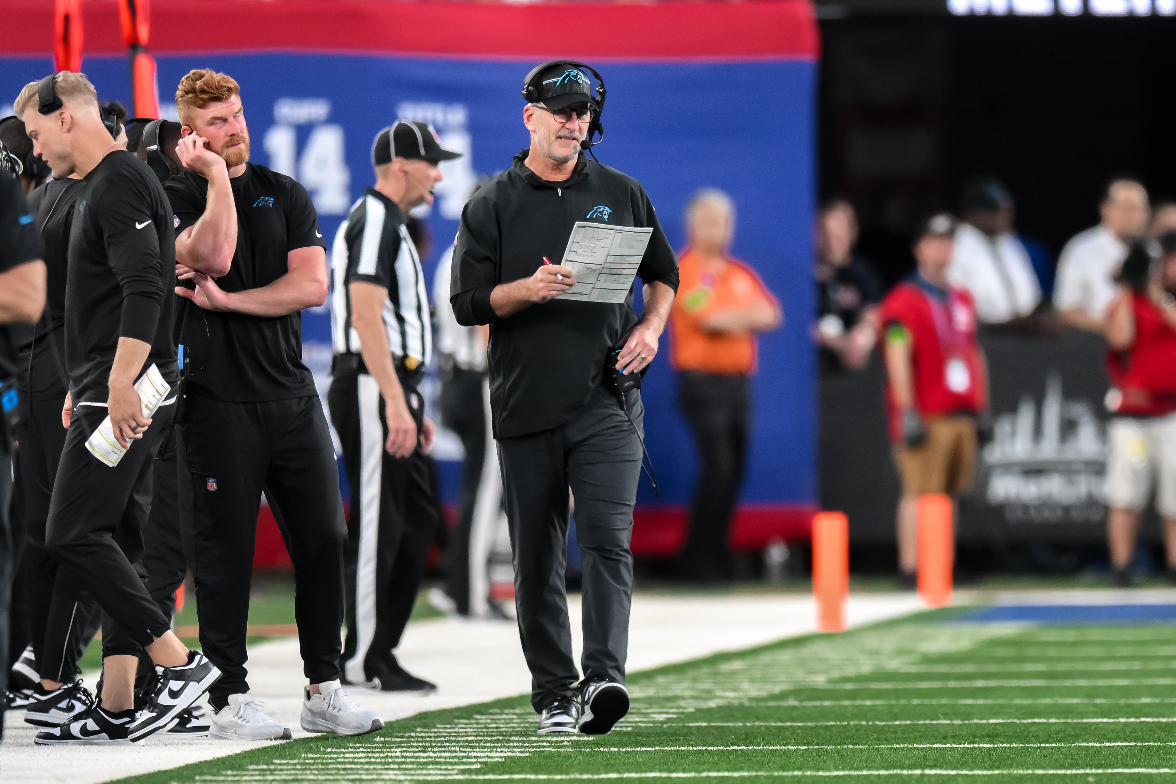 Aug 18, 2023; East Rutherford, New Jersey, USA; Carolina Panthers head coach Frank Reich looks on during the first quarter against the New York Giants at MetLife Stadium. Mandatory Credit: John Jones-USA TODAY Sports