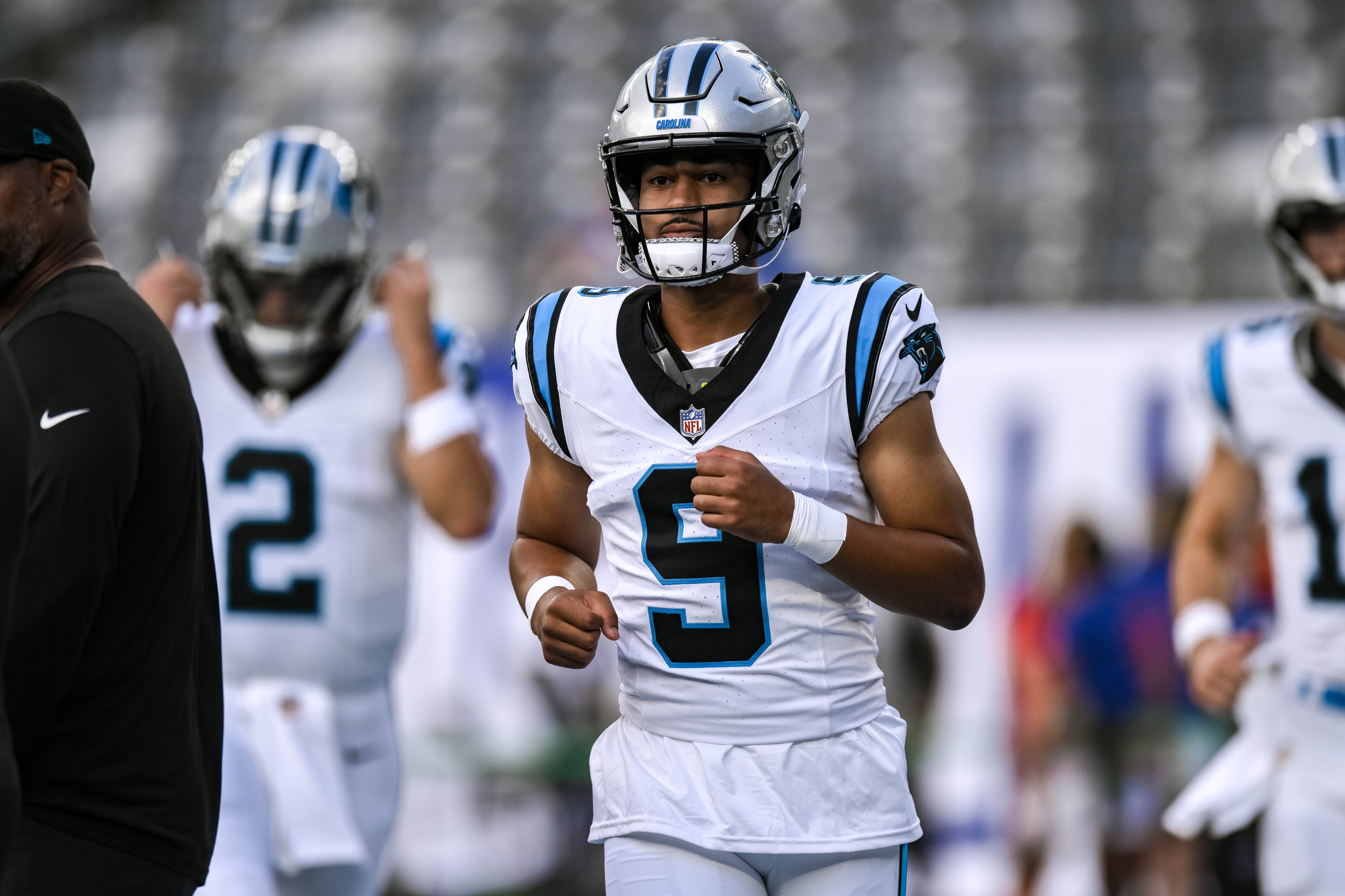 Aug 18, 2023; East Rutherford, New Jersey, USA; Carolina Panthers quarterback Bryce Young (9) warms up during pregame of National Football League game between the New York Giants and the Carolina Panthers at MetLife Stadium. Mandatory Credit: John Jones-USA TODAY Sports