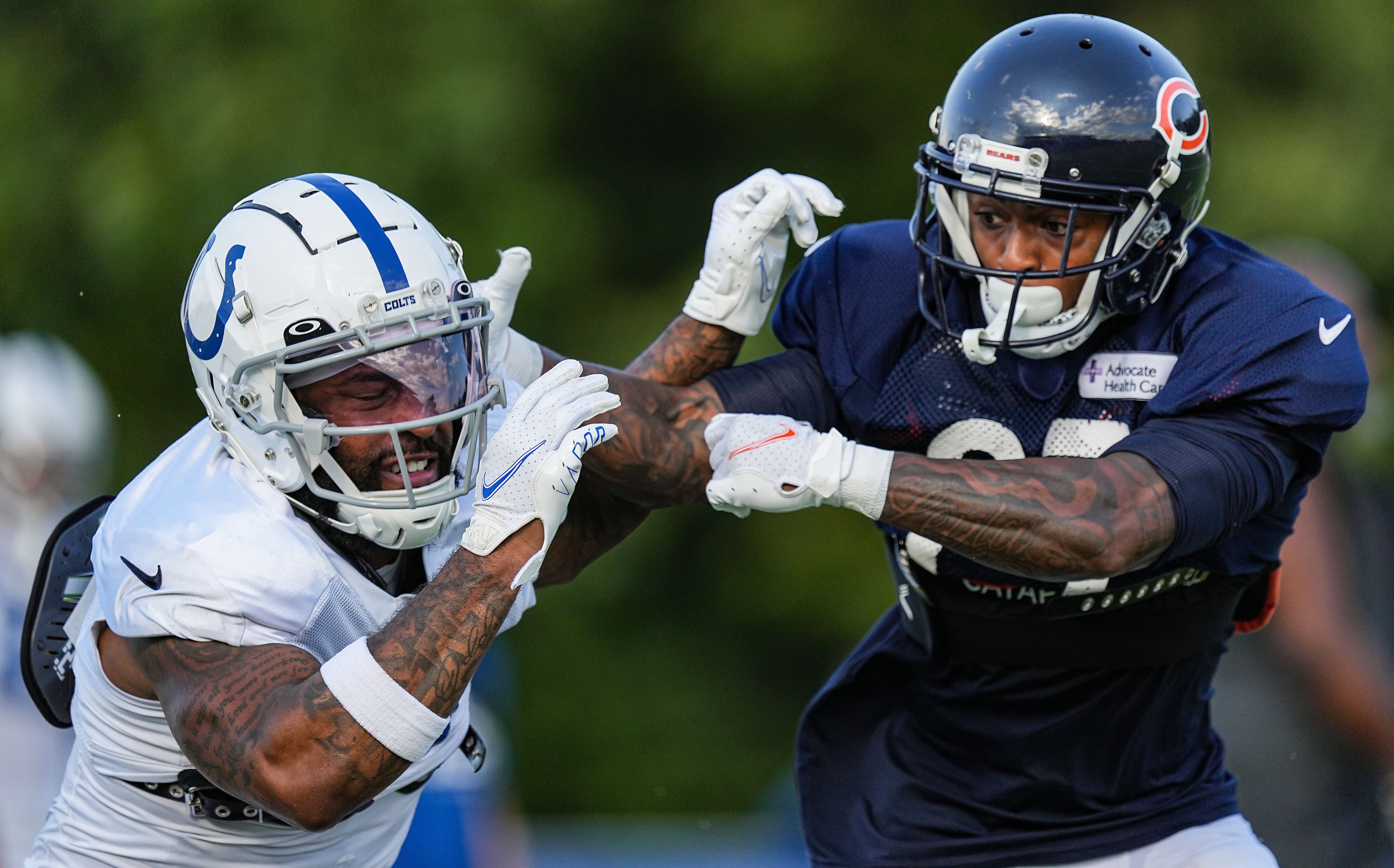 Indianapolis Colts wide receiver Amari Rodgers (3) rushes up the field against Chicago Bears cornerback Greg Stroman Jr. (27) on Thursday, Aug. 17, 2023, during training camp at Grand Park Sports Campus in Westfield.