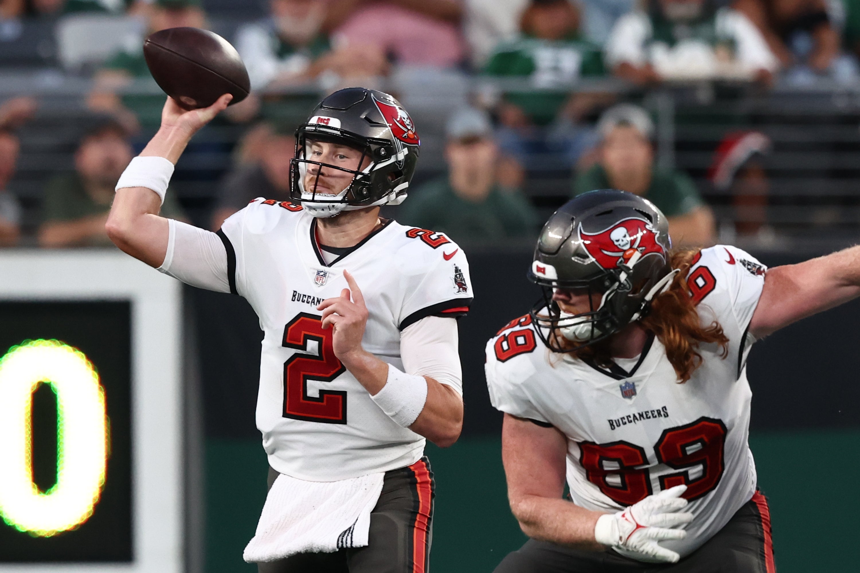 Aug 19, 2023; East Rutherford, New Jersey, USA; Tampa Bay Buccaneers quarterback Kyle Trask (2) throws a pass against the New York Jets during the first half at MetLife Stadium. Mandatory Credit: Ed Mulholland-USA TODAY Sports