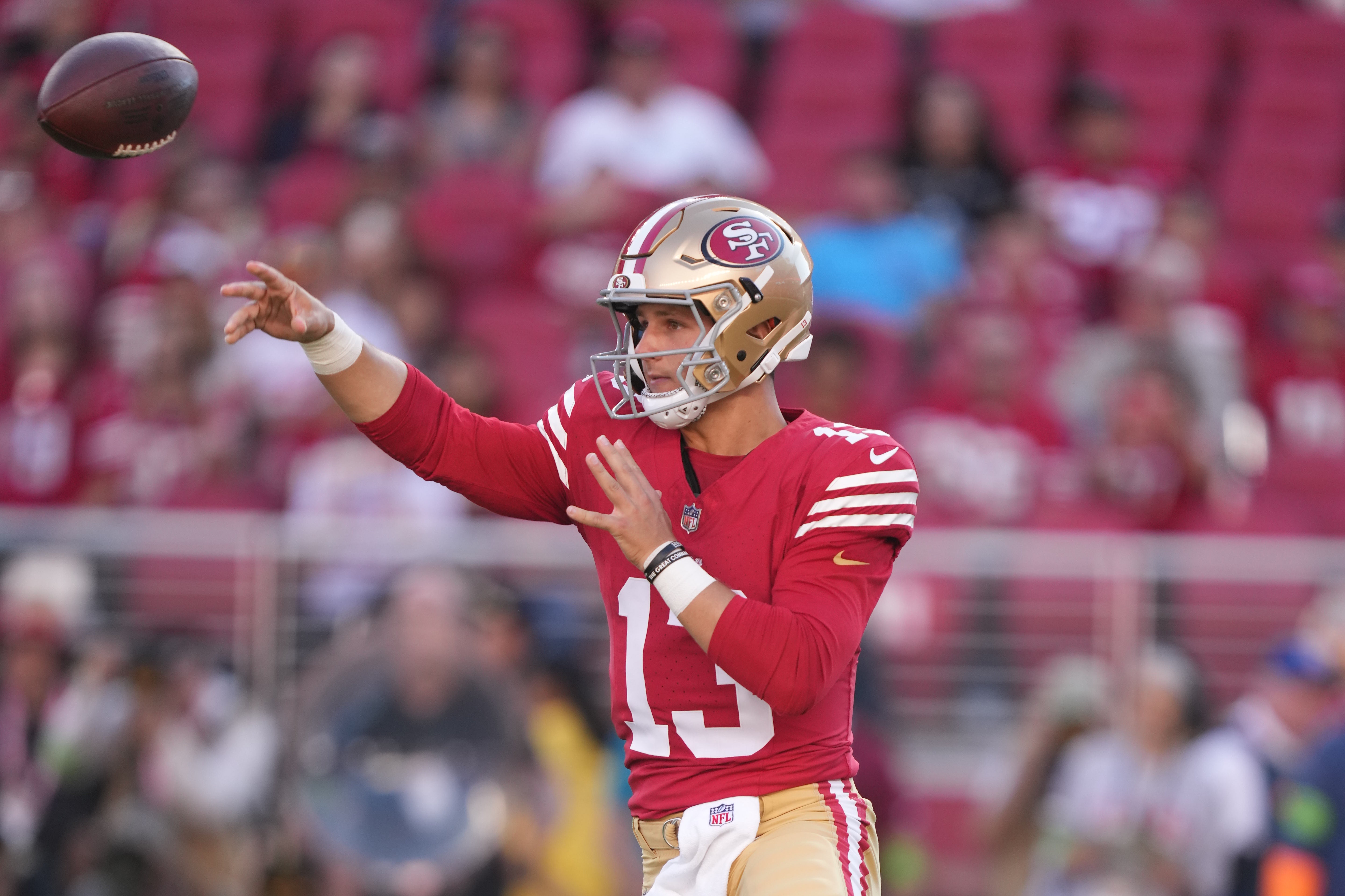 August 19, 2023; Santa Clara, California, USA; San Francisco 49ers quarterback Brock Purdy (13) passes the football against the Denver Broncos during the first quarter at Levi's Stadium. Mandatory Credit: Kyle Terada-USA TODAY Sports