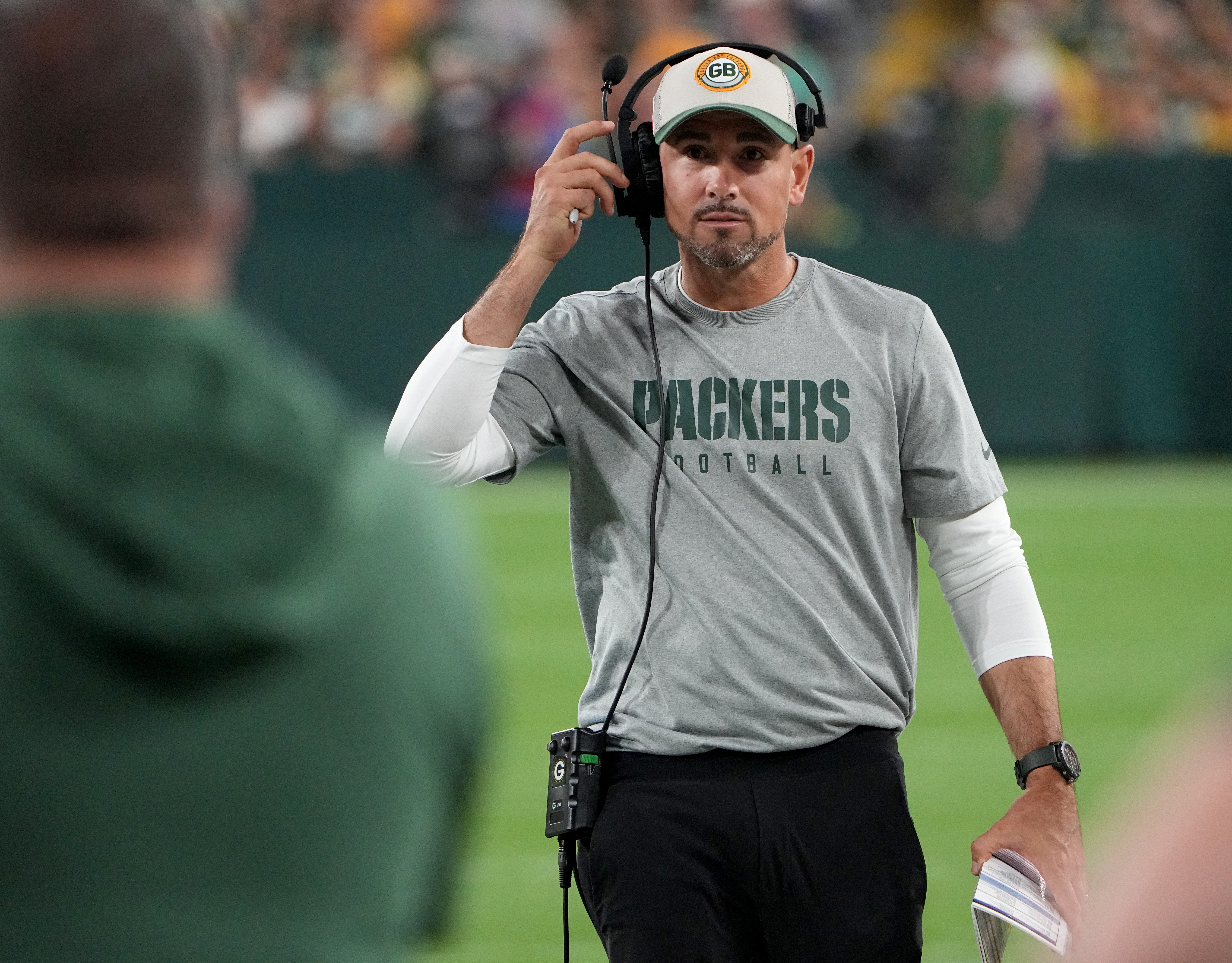 Aug 19, 2023; Green Bay, WI, USA; Green Bay Packers head coach Matt LaFleuer is shown during the second quarter of their preseason game against the New England Patriots at Lambeau Field. Mark Hoffman-USA TODAY Sports