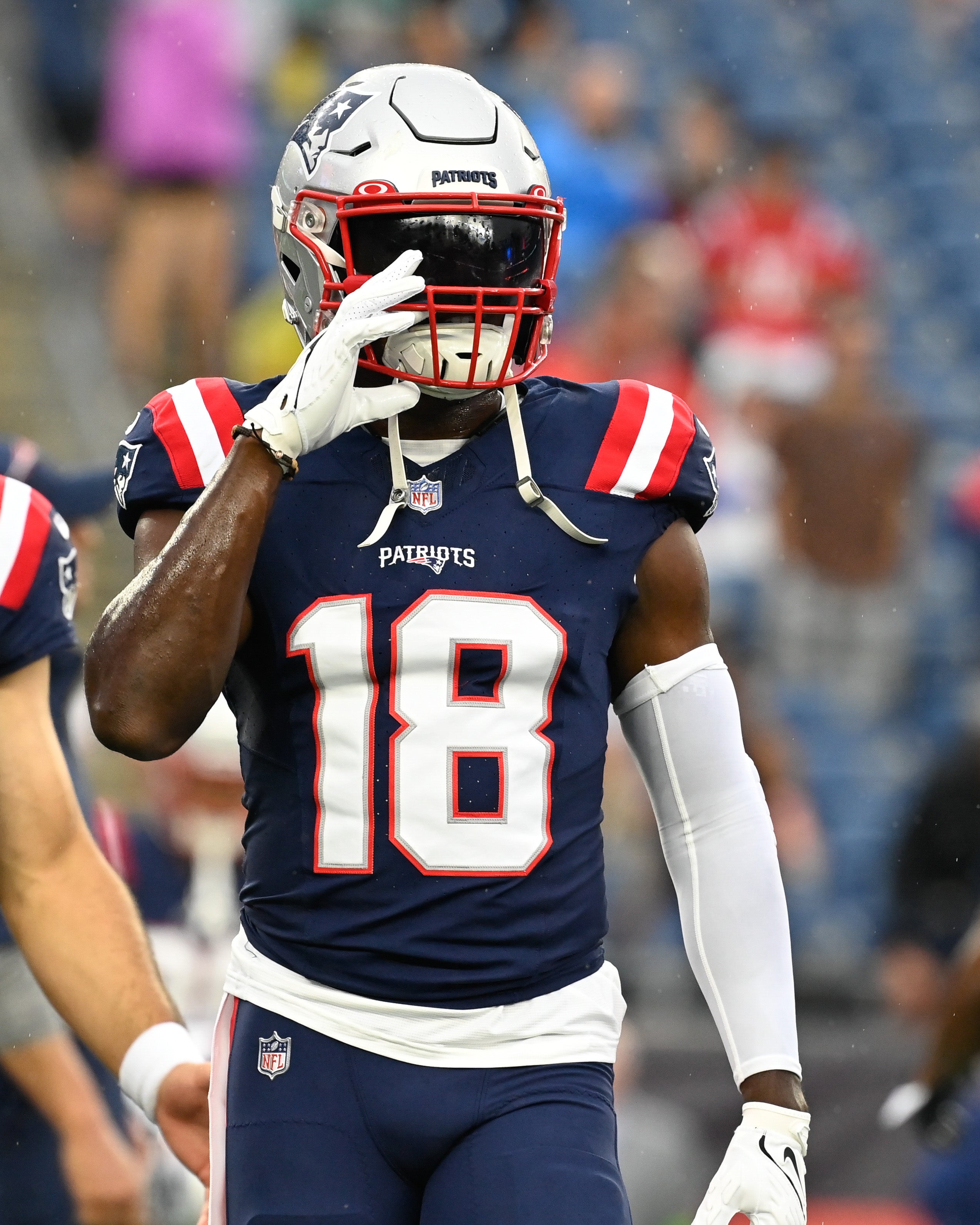 Aug 10, 2023; Foxborough, Massachusetts, USA; New England Patriots wide receiver Matthew Slater (18) warms up before a game against the Houston Texans at Gillette Stadium.
