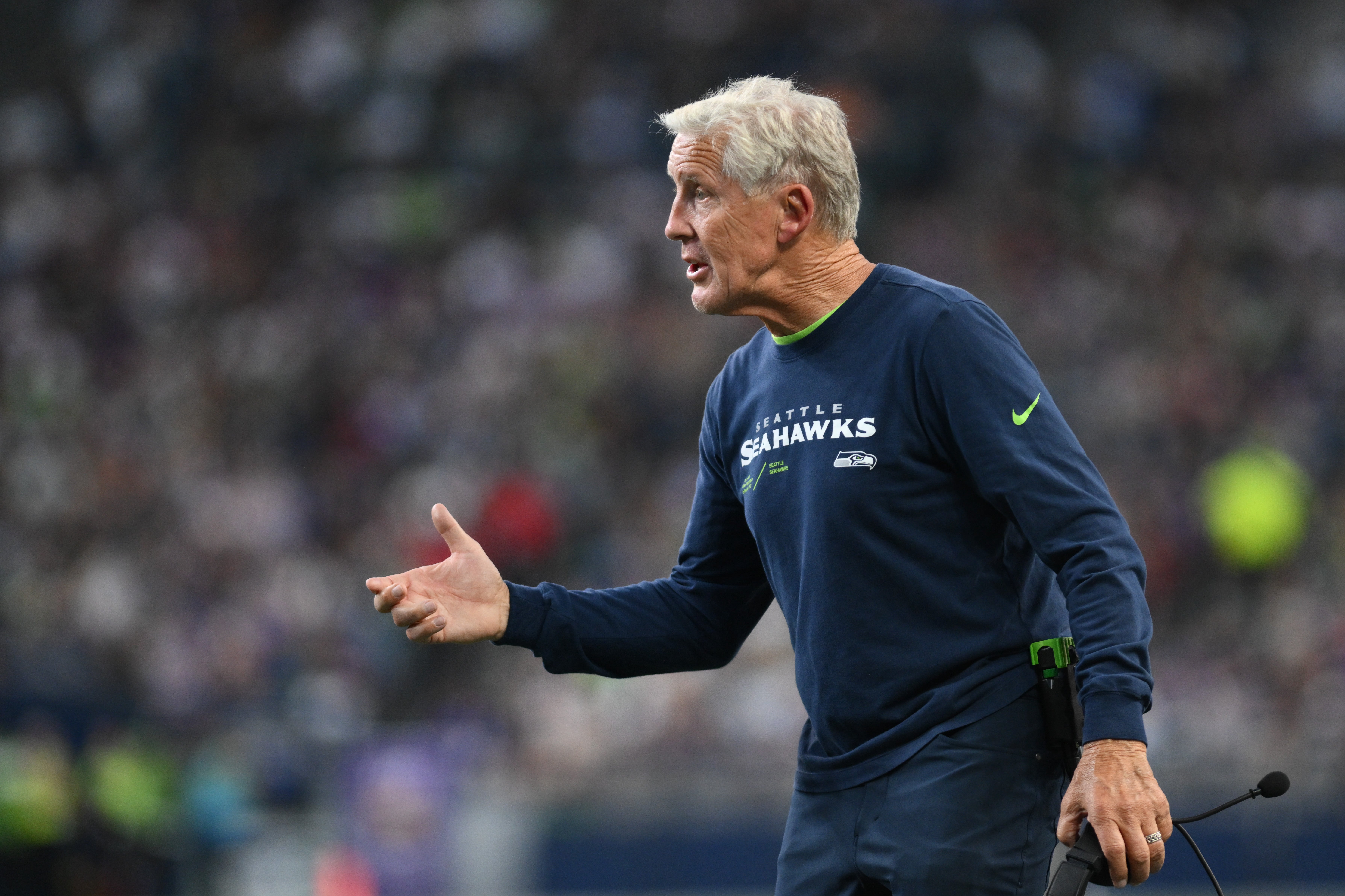 Aug 10, 2023; Seattle, Washington, USA; Seattle Seahawks head coach Pete Carroll during the first half at Lumen Field. Mandatory Credit: Steven Bisig-USA TODAY Sports