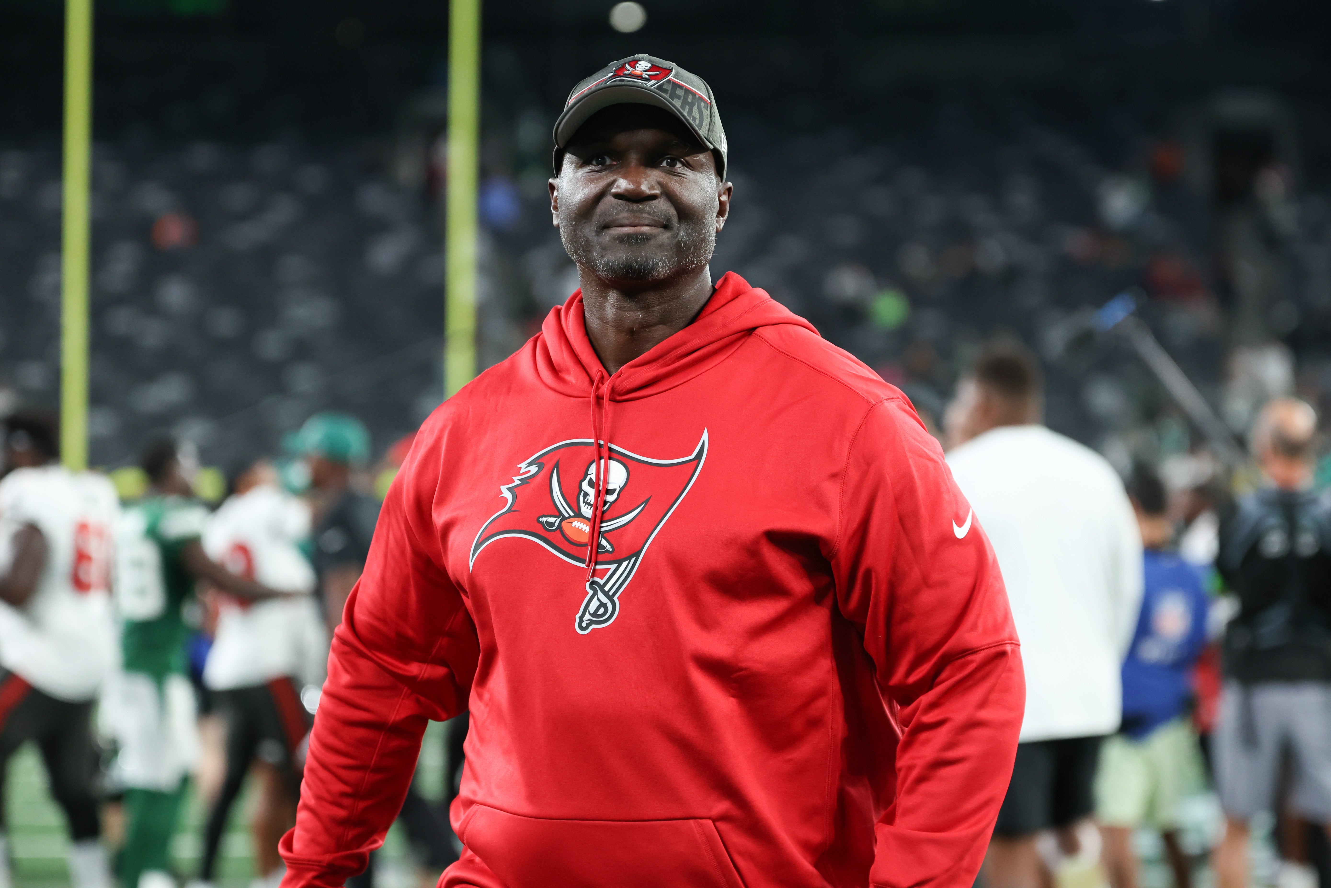 Aug 19, 2023; East Rutherford, New Jersey, USA; Tampa Bay Buccaneers head coach Todd Bowles walks off the field after the game against the New York Jets at MetLife Stadium. Mandatory Credit: Vincent Carchietta-USA TODAY Sports
