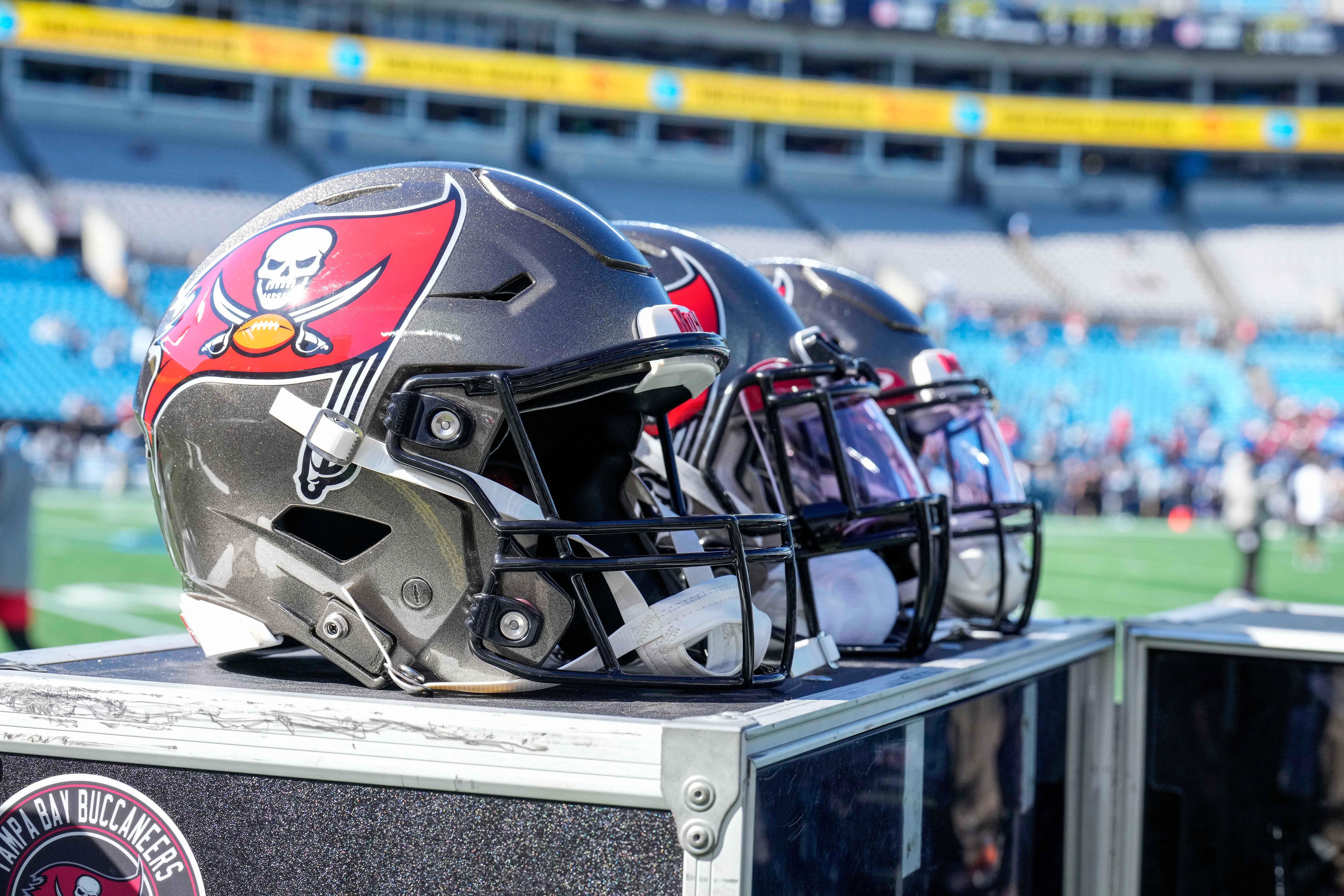 Oct 23, 2022; Charlotte, North Carolina, USA; Tampa Bay Buccaneers helmets during pregame activity against the Carolina Panthers at Bank of America Stadium. Mandatory Credit: Jim Dedmon-USA TODAY Sports