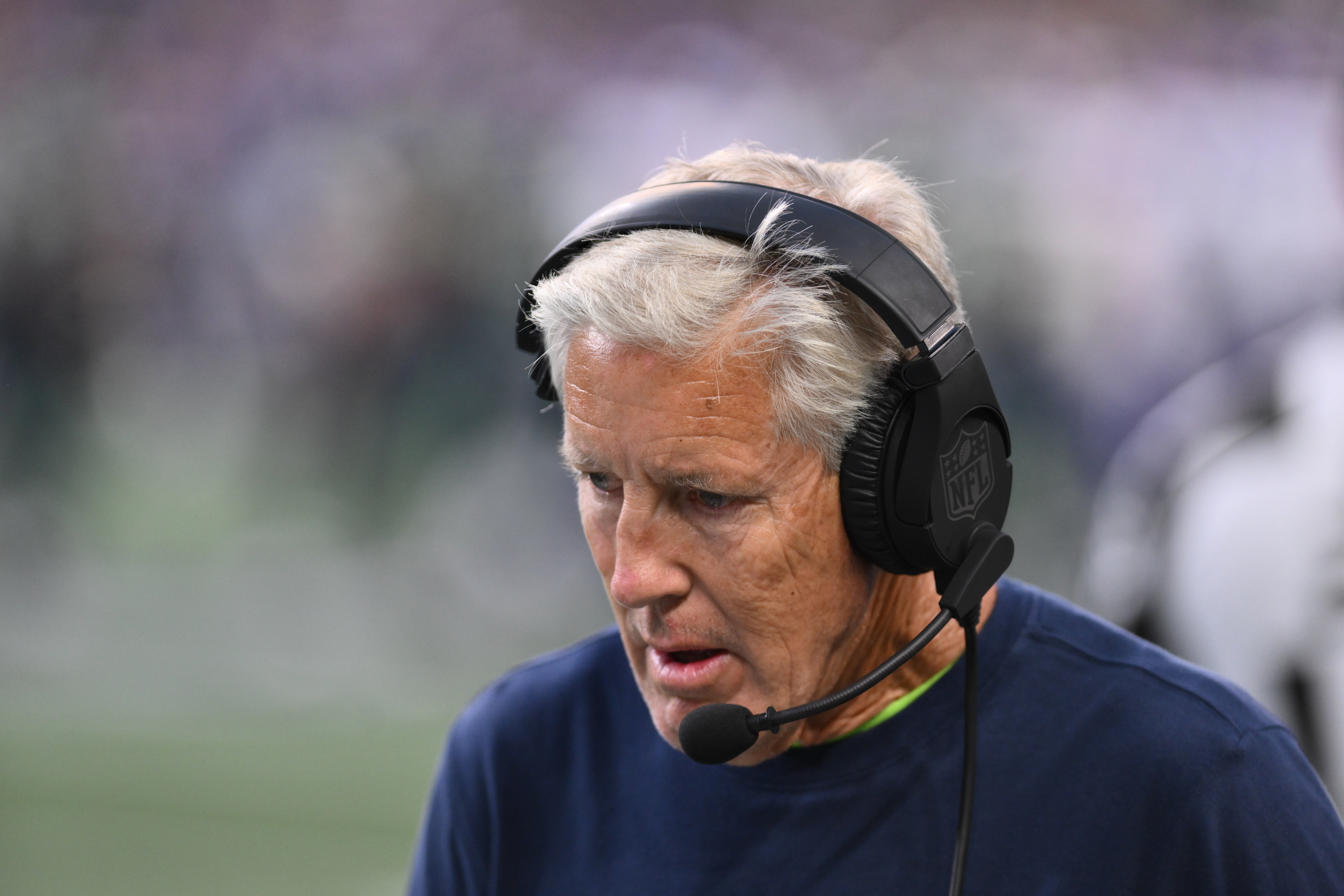 Aug 10, 2023; Seattle, Washington, USA; Seattle Seahawks head coach Pete Carroll during the first half at Lumen Field. Mandatory Credit: Steven Bisig-USA TODAY Sports