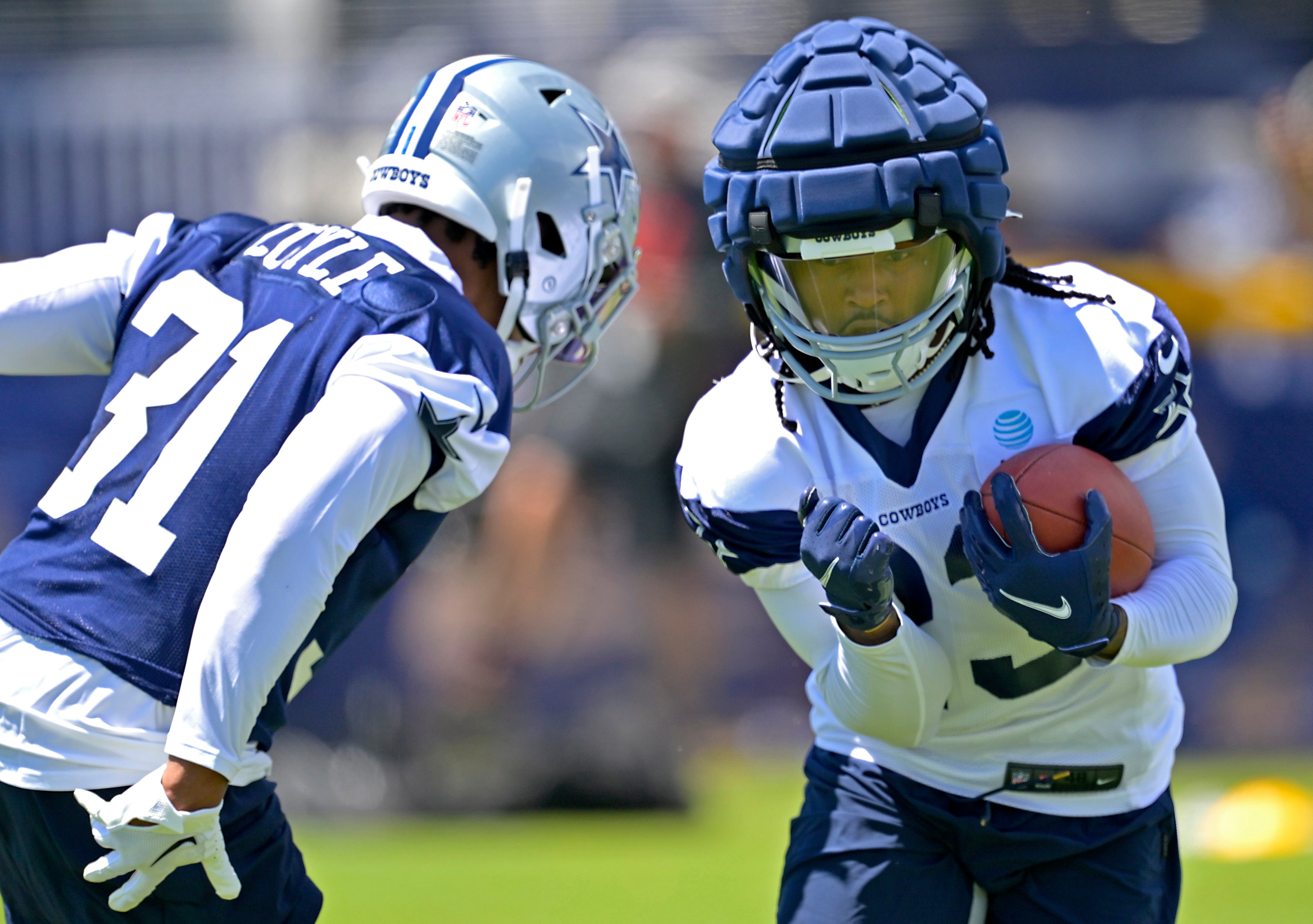 Jul 26, 2023; Oxnard, CA, USA; Dallas Cowboys running back Rico Dowdle (23) carries the ball during training camp drills at River Ridge Playing Fields in Oxnard, CA. Mandatory Credit: Jayne Kamin-Oncea-USA TODAY Sports  