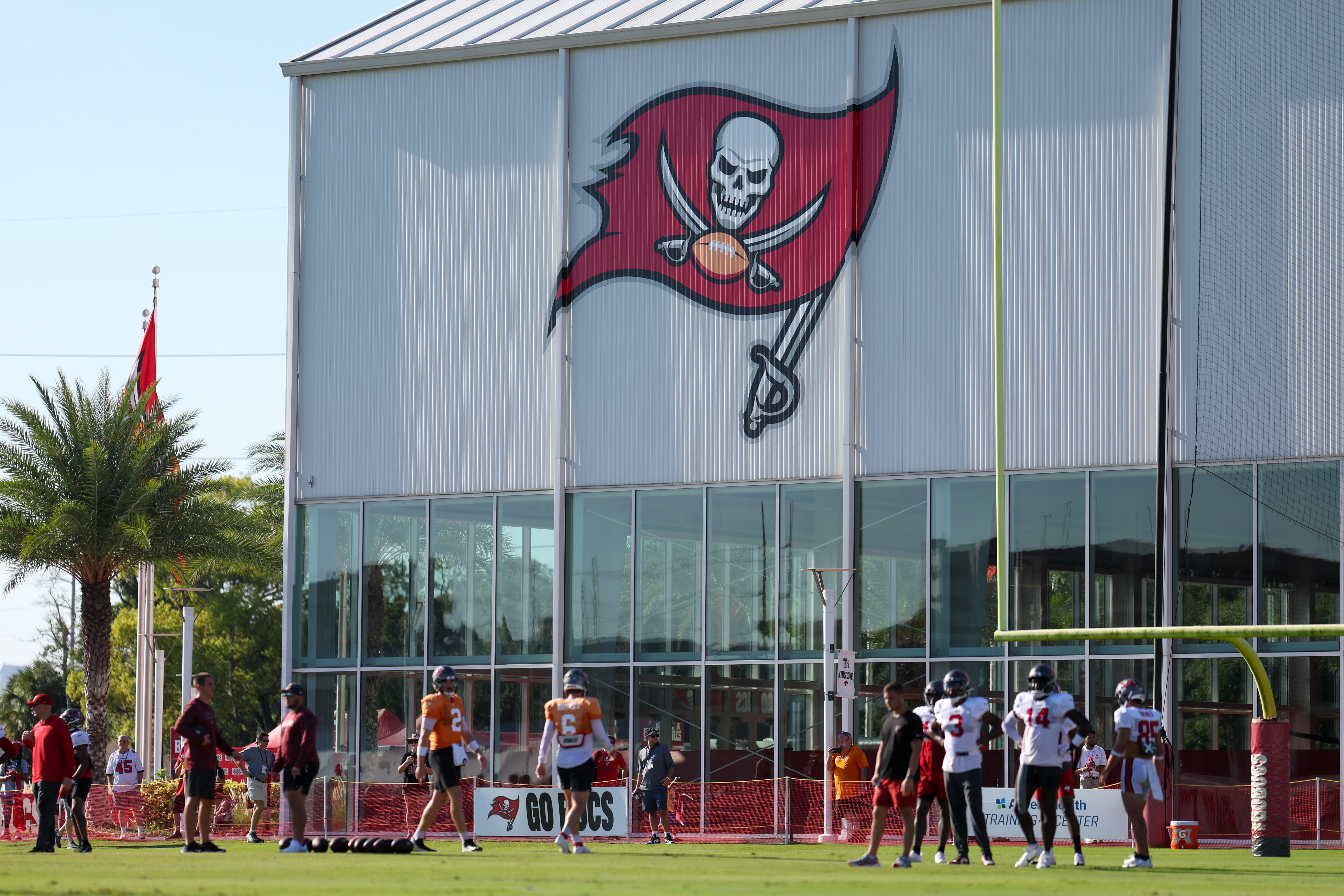 Aug 8, 2023; Tampa, FL, USA; Tampa Bay Buccaneers quarterback Baker Mayfield (6) and quarterback Kyle Trask (2) participate in training camp at AdventHealth Training Center. Mandatory Credit: Nathan Ray Seebeck-USA TODAY Sports