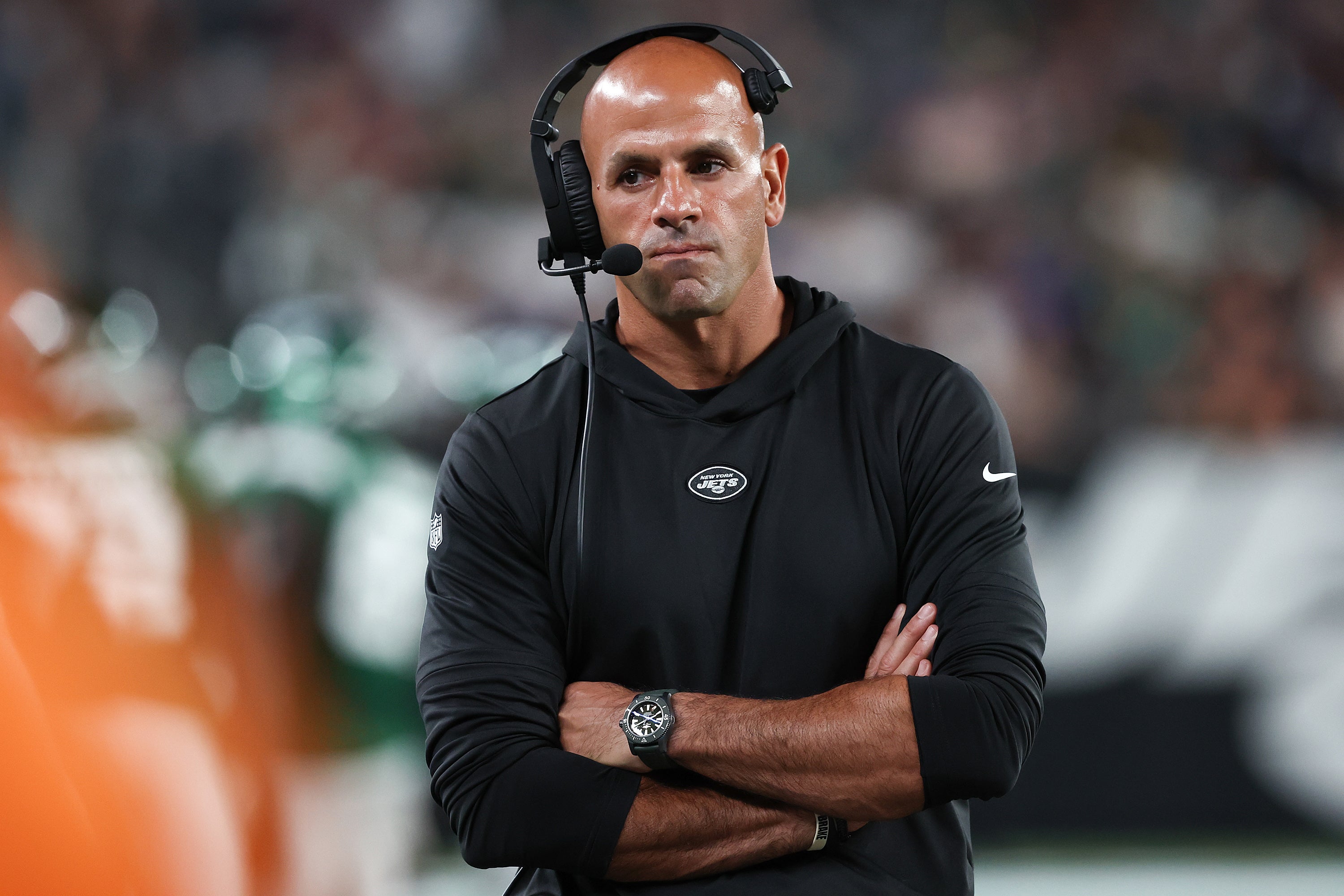 New York Jets head coach Robert Saleh against the Tampa Bay Buccaneers during the first half at MetLife Stadium.