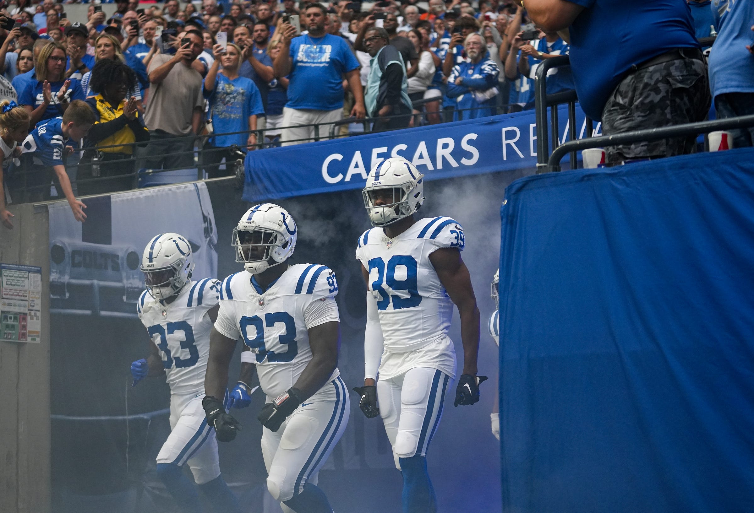 The Indianapolis Colts take the field for an NFL preseason game against the Chicago Bears on Saturday, Aug. 19, 2023, at Lucas Oil Stadium in Indianapolis.