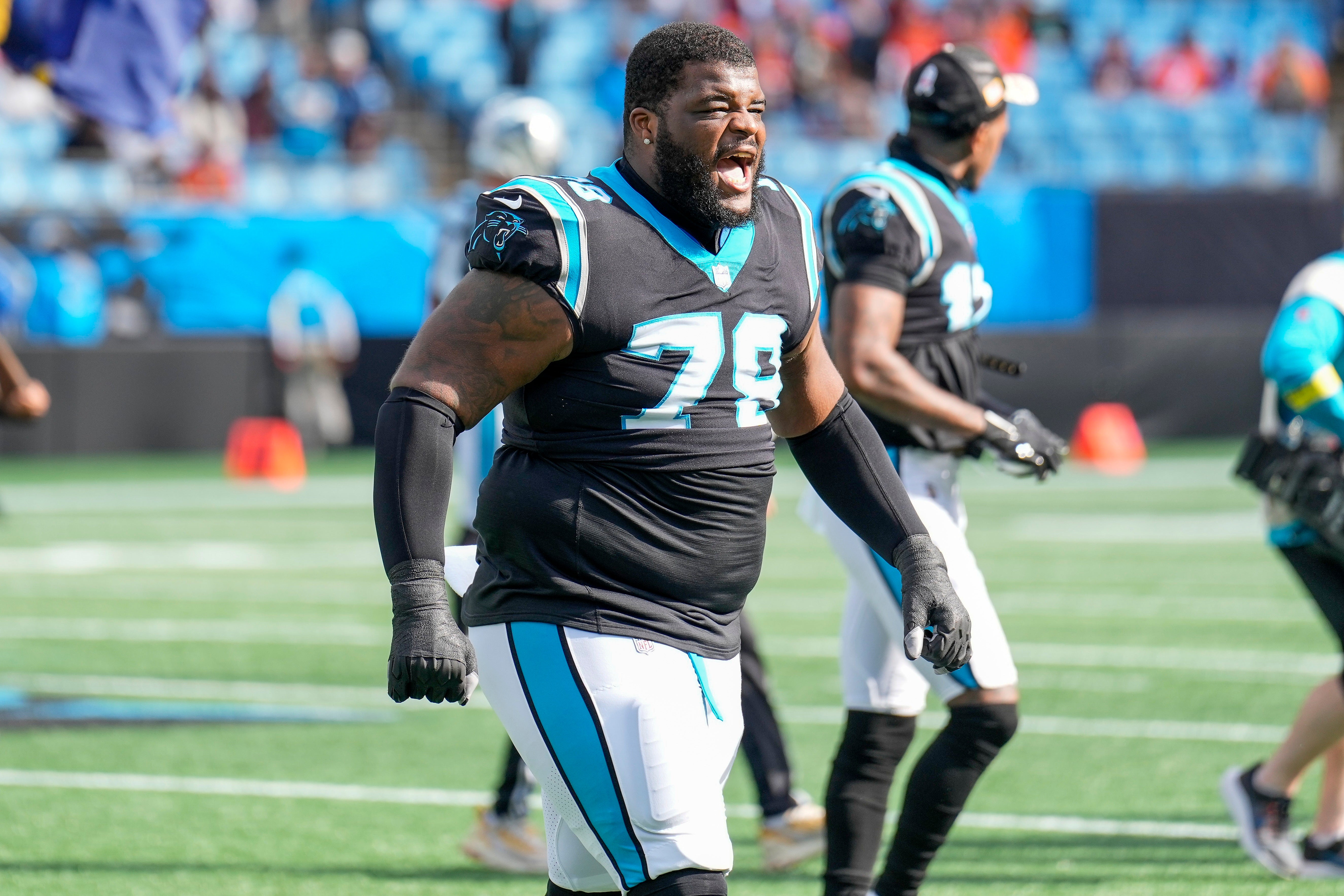 Nov 27, 2022; Charlotte, North Carolina, USA; Carolina Panthers defensive tackle Marquan McCall (78) rects before the game against the Denver Broncos at Bank of America Stadium. Mandatory Credit: Jim Dedmon-USA TODAY Sports