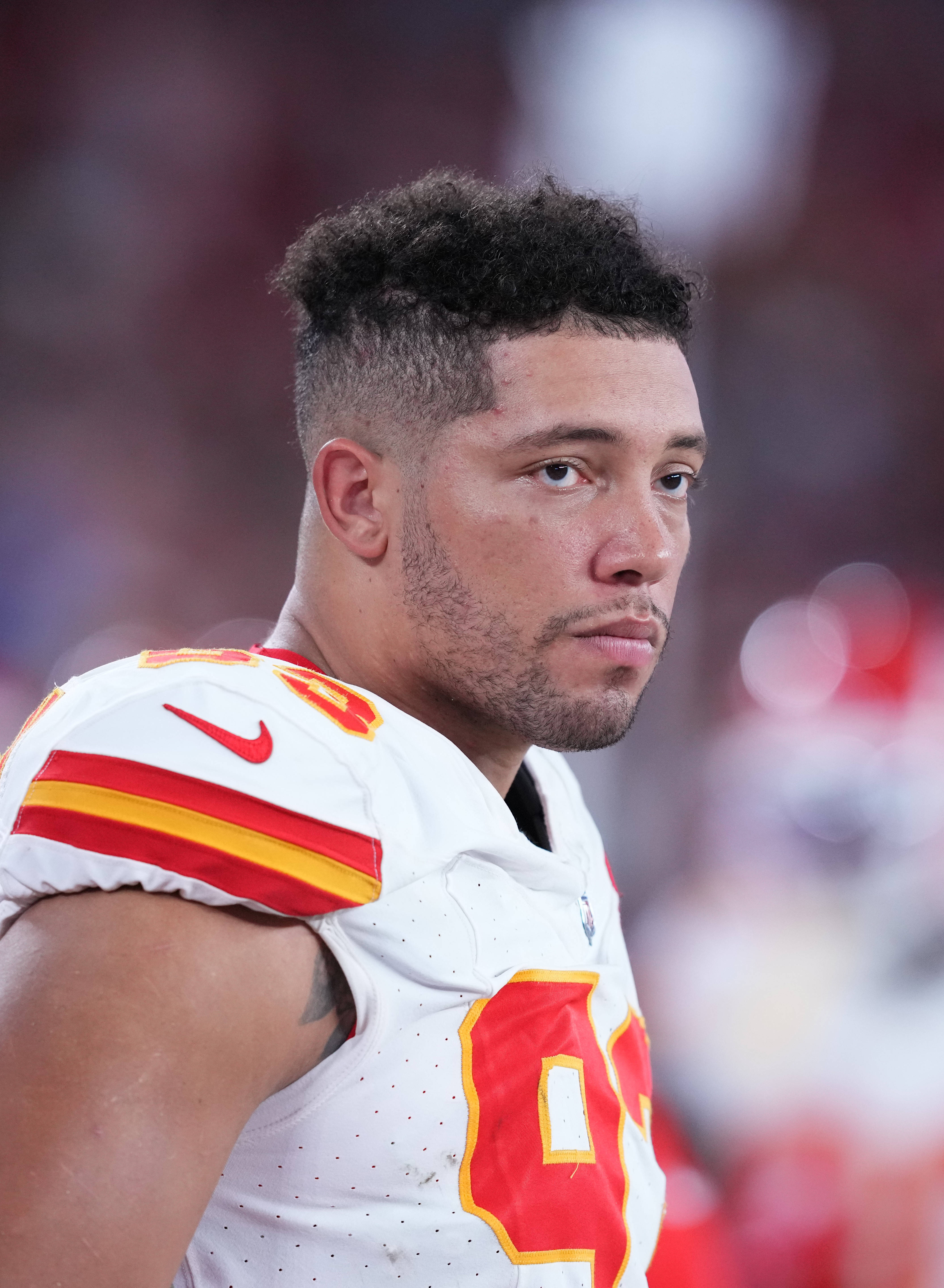 Aug 19, 2023; Glendale, Arizona, USA; Kansas City Chiefs defensive tackle Matt Dickerson (93) looks on against the Arizona Cardinals at State Farm Stadium. Mandatory Credit: Joe Camporeale-USA TODAY Sports