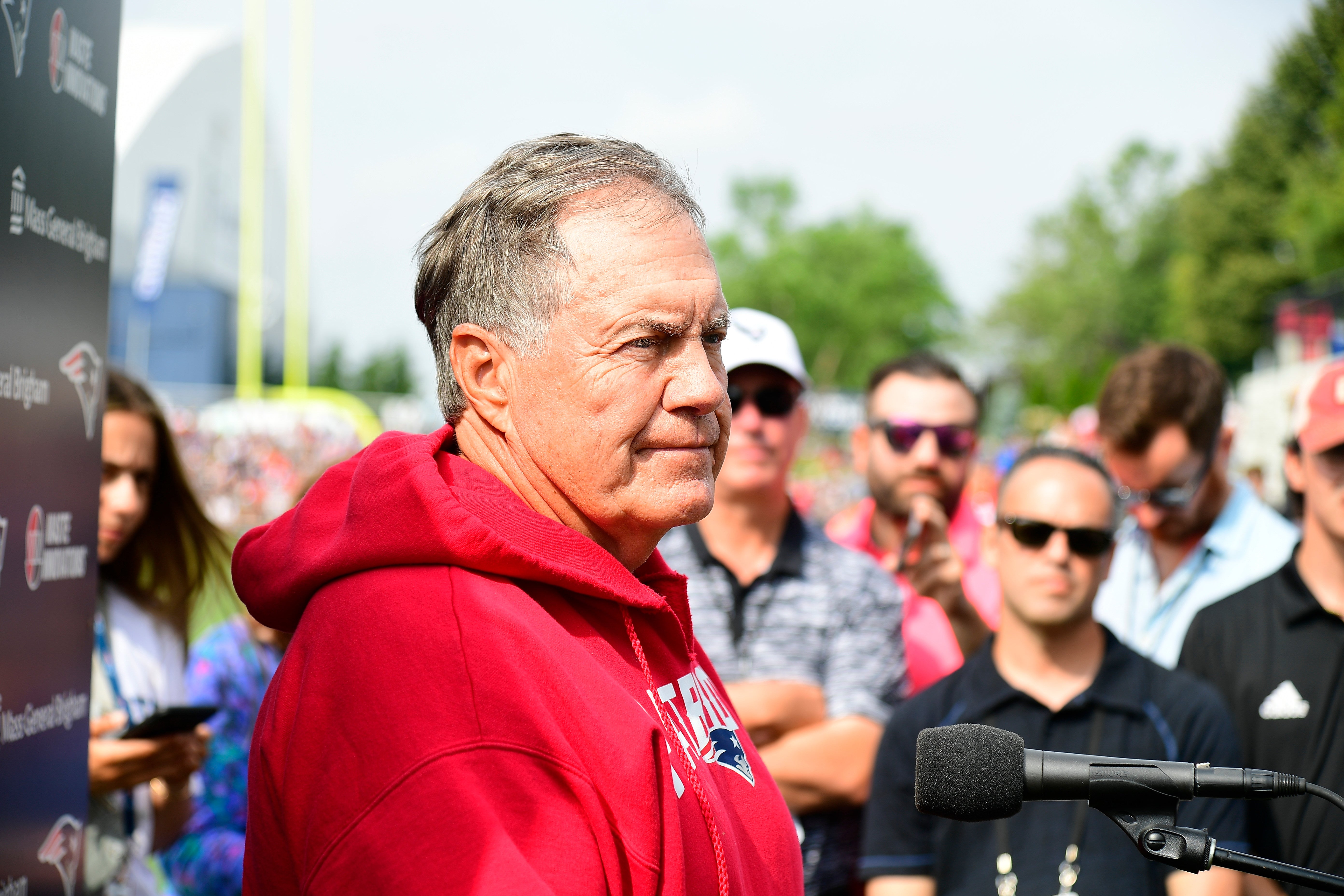 New England Patriots head coach Bill Belichick holds a morning press conference before training camp at Gillette Stadium. Mandatory Credit: Eric Canha-USA TODAY Sports