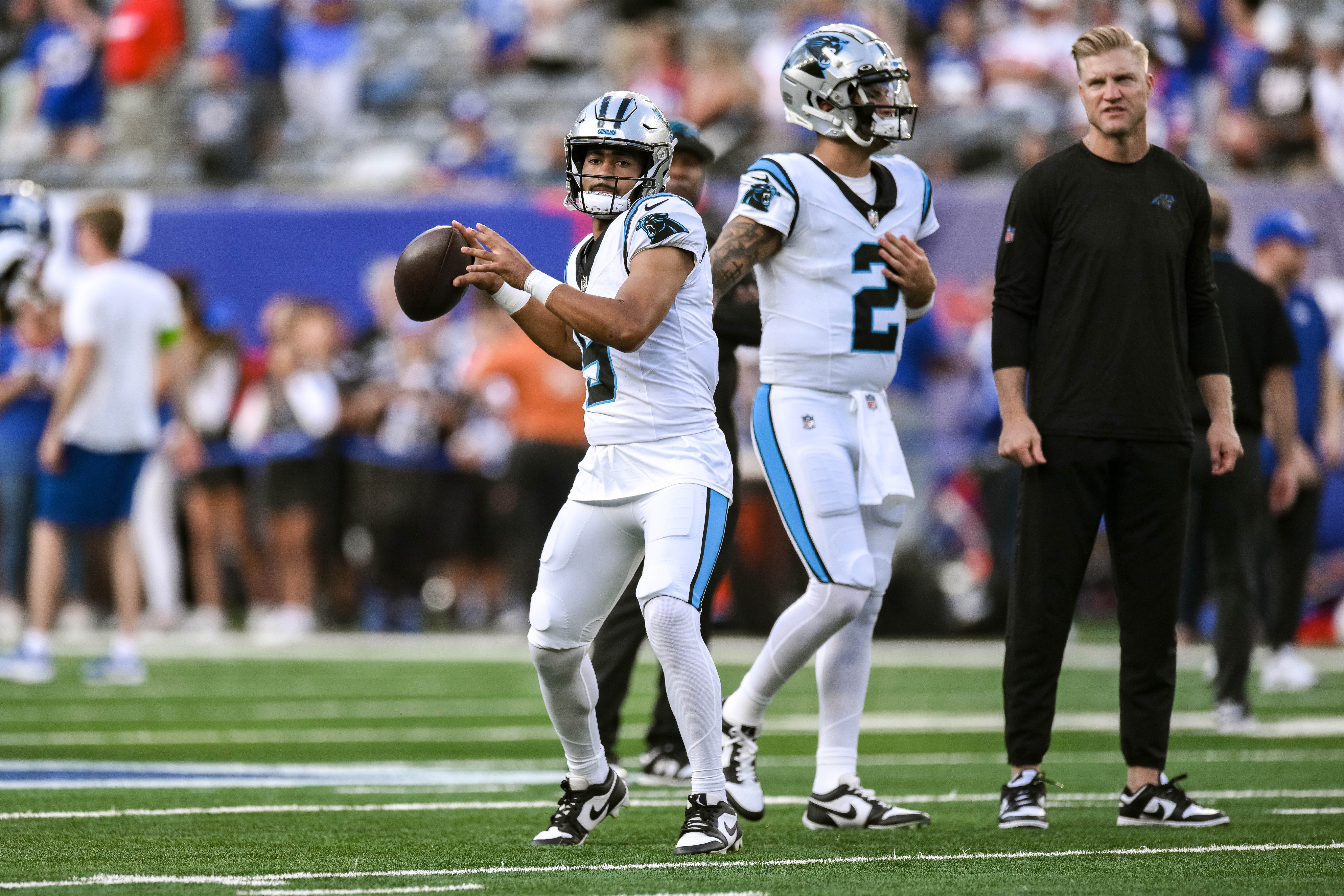 Aug 18, 2023; East Rutherford, New Jersey, USA; Carolina Panthers quarterback Bryce Young (9) warms up during pregame of National Football League game between the New York Giants and the Carolina Panthers at MetLife Stadium. Mandatory Credit: John Jones-USA TODAY Sports
