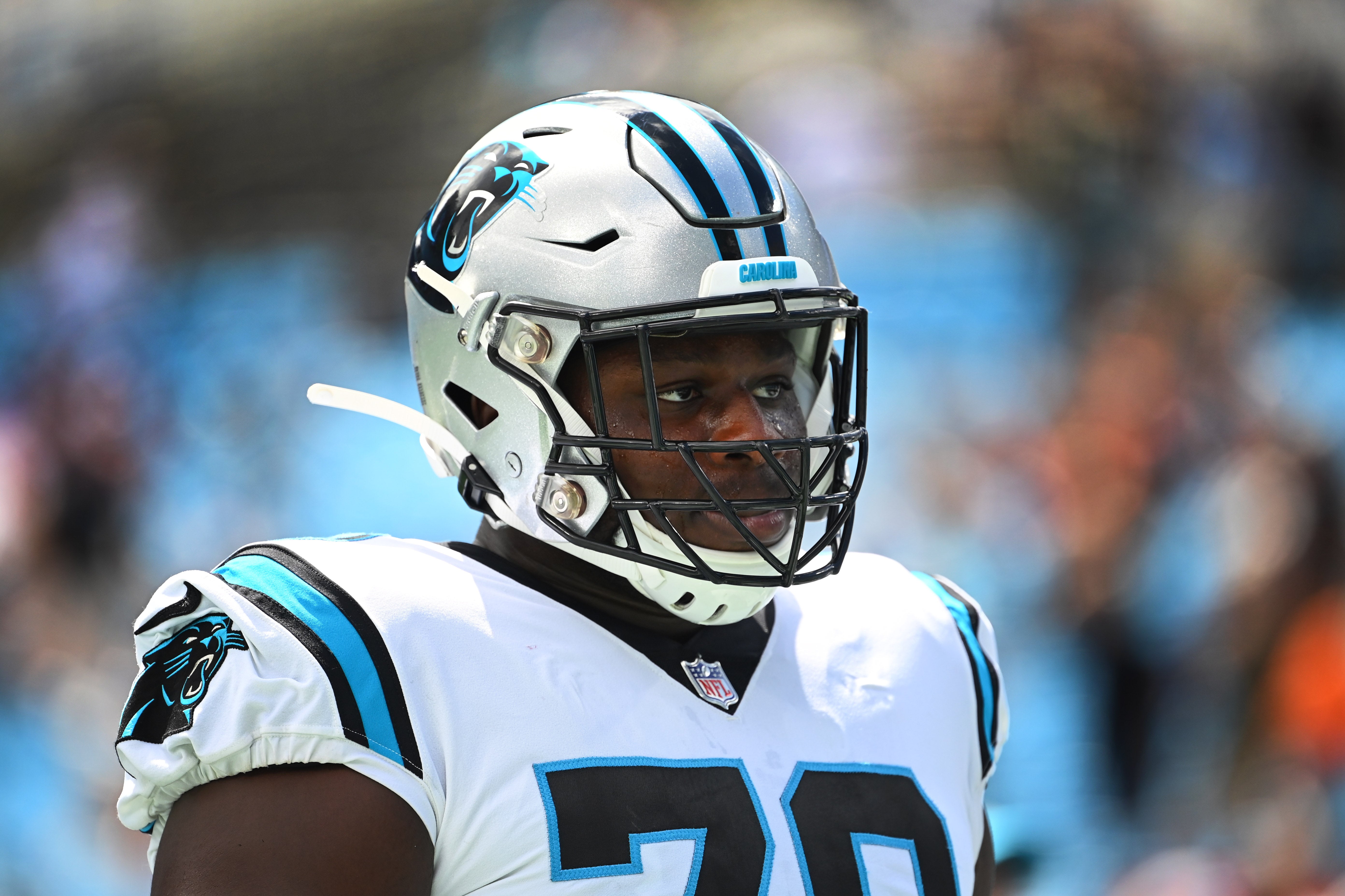 Sep 11, 2022; Charlotte, North Carolina, USA; Carolina Panthers offensive tackle Ikem Ekwonu (79) before the game at Bank of America Stadium. Mandatory Credit: Bob Donnan-USA TODAY Sports