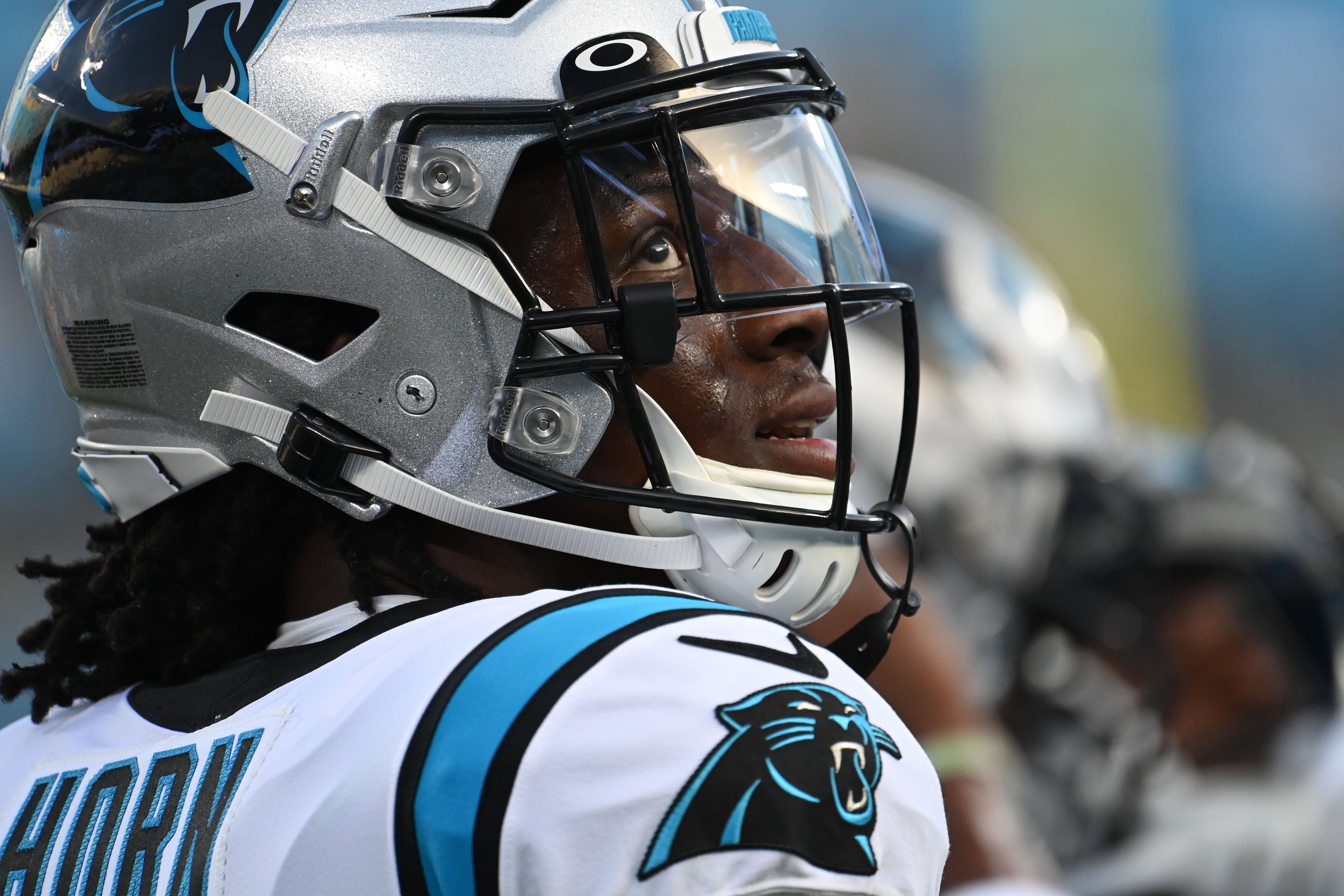 Aug 27, 2021; Charlotte, North Carolina, USA; Carolina Panthers cornerback Jaycee Horn (8) before the game at Bank of America Stadium. Mandatory Credit: Bob Donnan-USA TODAY Sports