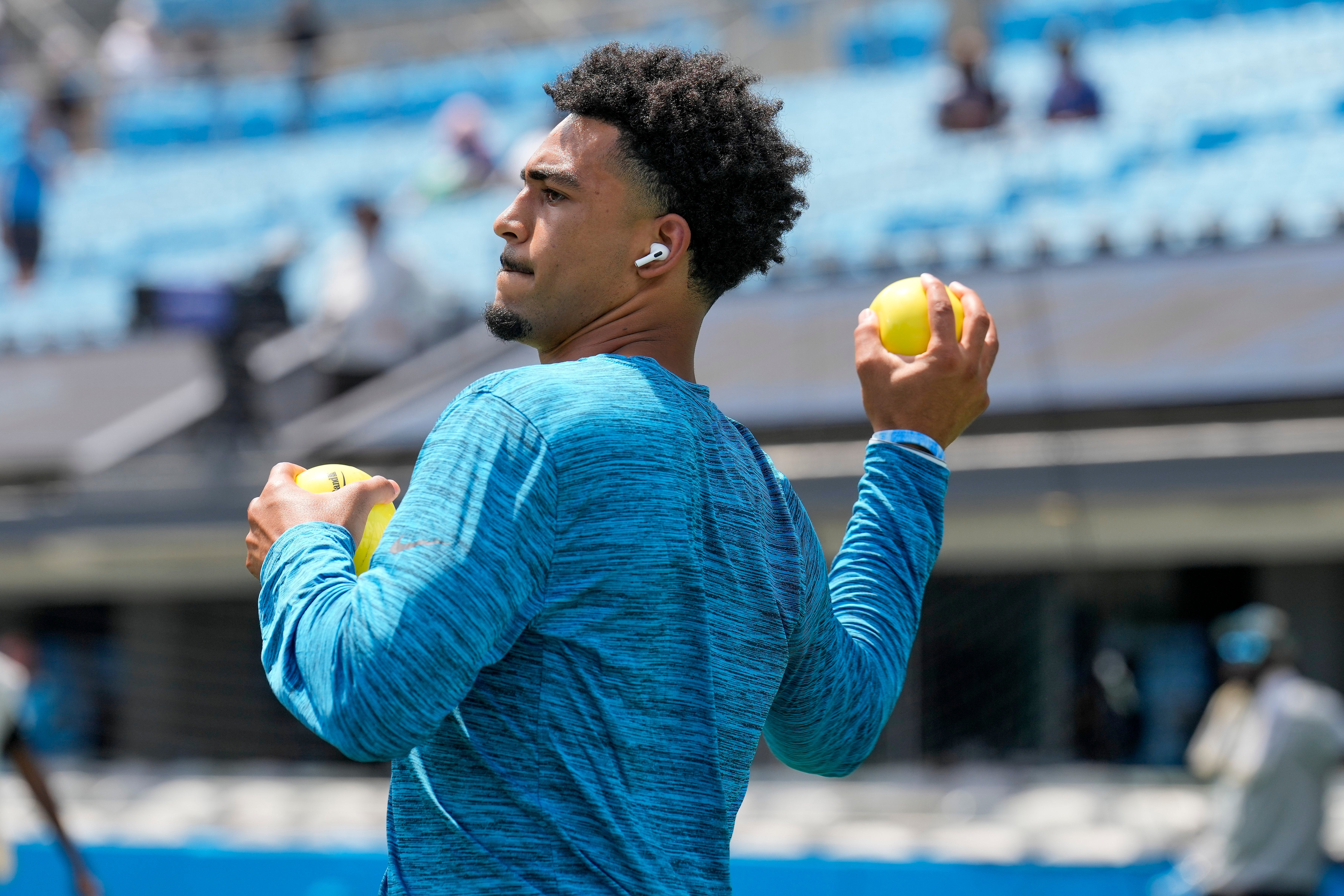 Aug 12, 2023; Charlotte, North Carolina, USA; Carolina Panthers quarterback Bryce Young (9) during pre game warm ups against the New York Jets at Bank of America Stadium. Mandatory Credit: Jim Dedmon-USA TODAY Sports