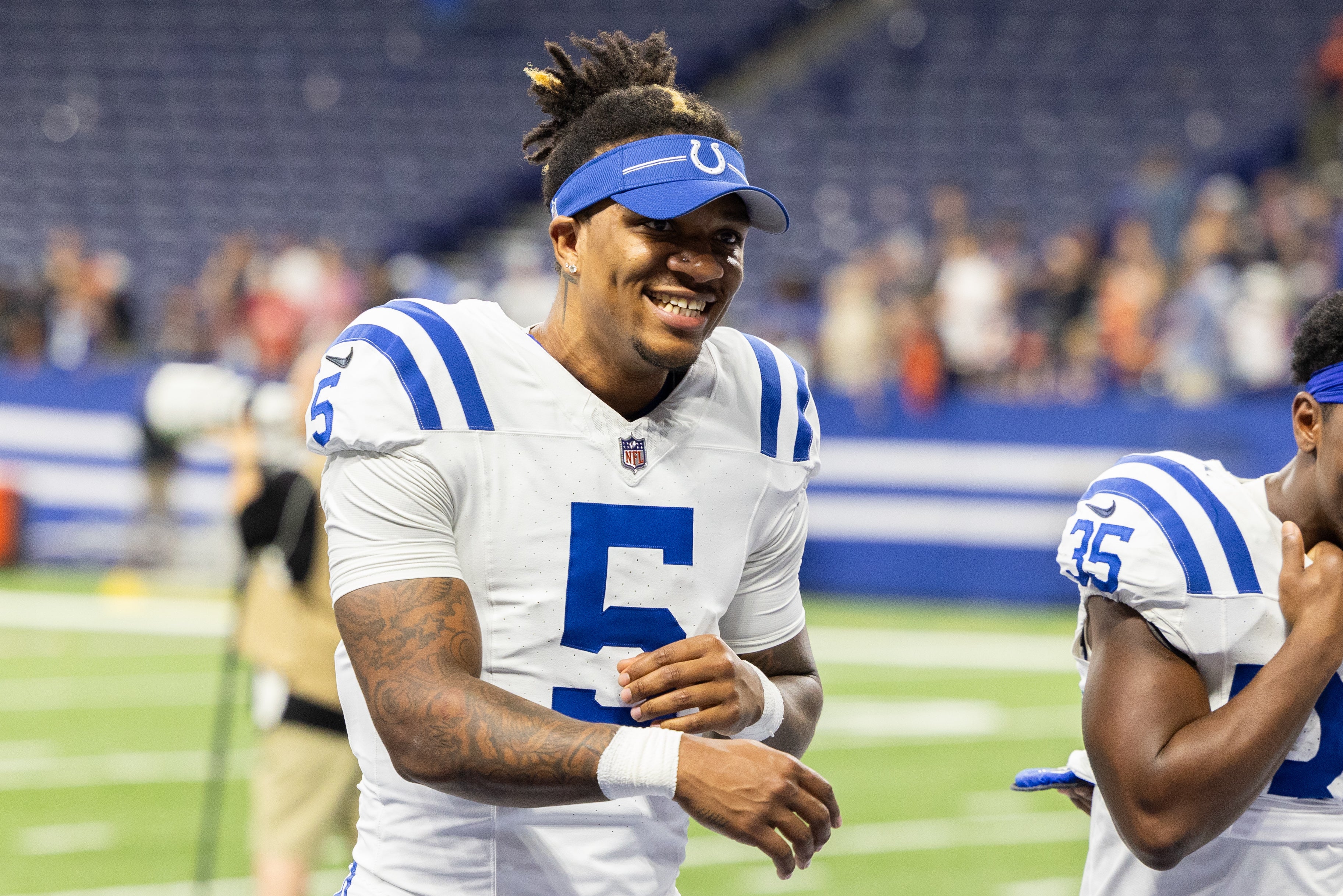 Aug 19, 2023; Indianapolis, Indiana, USA; Indianapolis Colts quarterback Anthony Richardson (5) after the game against the Chicago Bears at Lucas Oil Stadium.